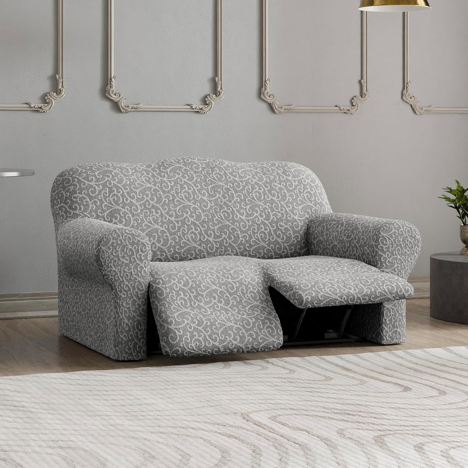 PAULATO BY GA.I.CO. Recliner Loveseat Cover - Reclining Slipcover - Soft Fabric Slipcover - 1-Piece Form Fit Stretch Protector - Jacquard 3D - Reclining Loveseat - Grey Arabesco (Recliner Cover)