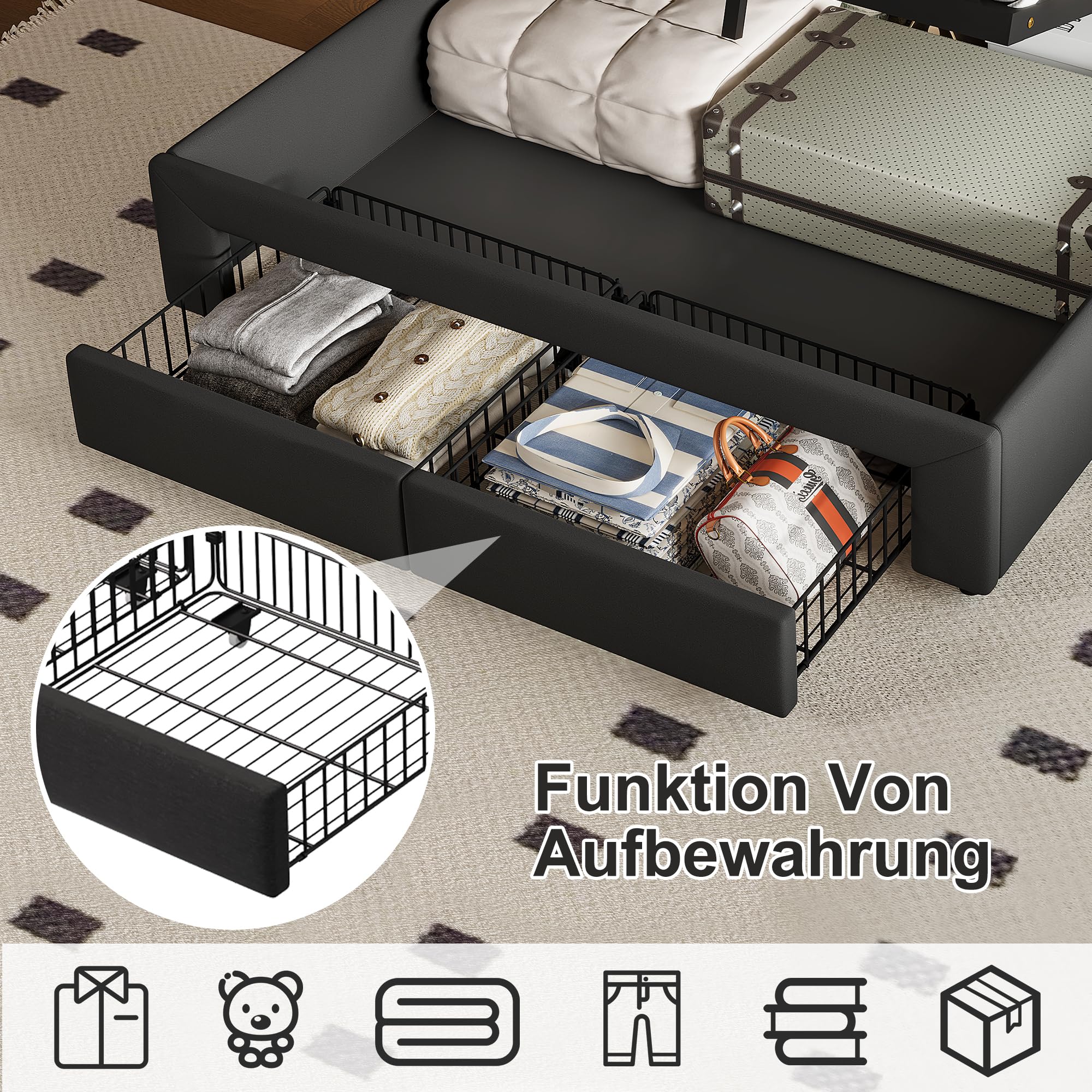 Letto imbottito 140 x 190 cm con rete a doghe, letto matrimoniale idraulico con funzione di ricarica USB e testiera, per bambini, senza materasso (lino + LED, 140 x 190 cm)