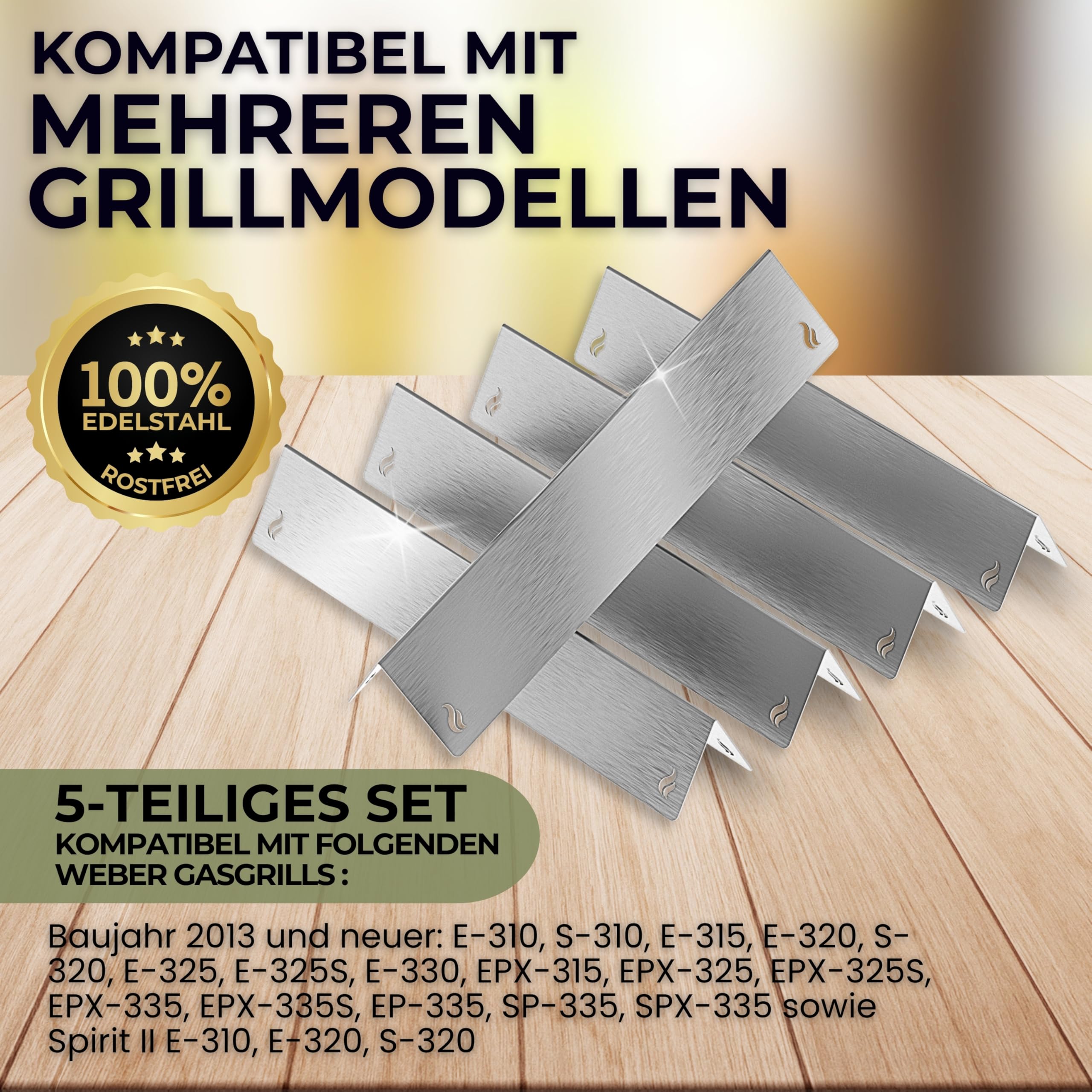 Urhome Aromaschienen & Brennerabdeckung für Weber Spirit 310/320/330 ab 2013 | Edelstahl 5er Set – passend als Alternative zum Weber Ersatzteil 7636 | Made in Germany