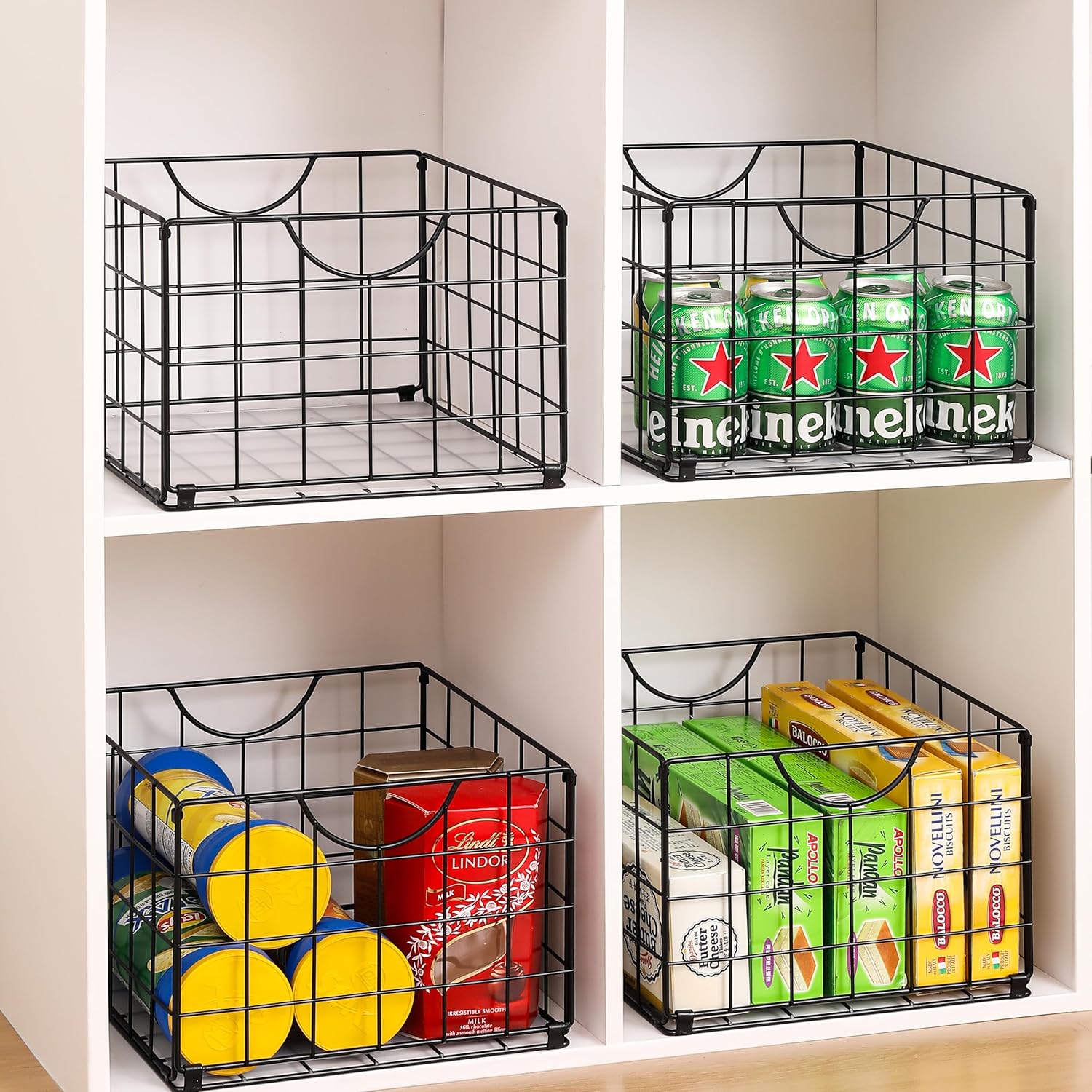 Metal Wire Basket Foldable Set of 4, Metal Bins for Organizing with PVC Sheet, 10.5x10.5in Wire Pantry Baskets Freezer Organizer Bins for Kitchen Closet Bathroom-Black