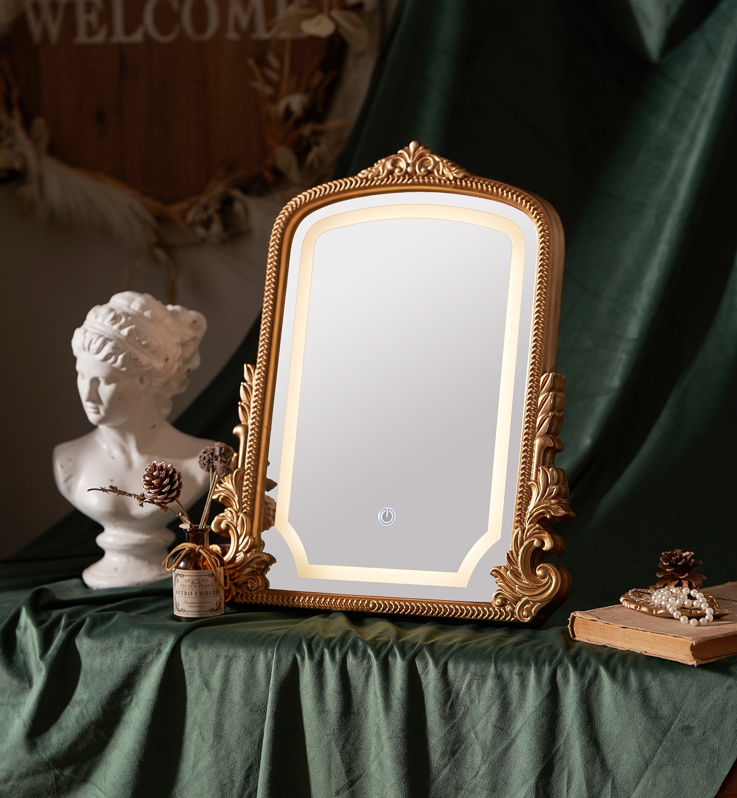 Amazon.com - HSDDHOME Vintage Vanity Mirror with Three-Color Lighting,  Antique Gold Carved Arch Table Mirror, 16x20 Makeup Mirror for Dressing  Room, Bedroom & Boho Decor