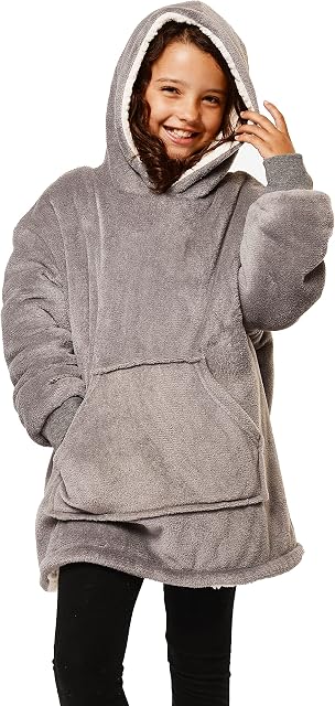 Sienna Kids Hoodie Blanket Oversized Ultra Soft Plush Sherpa Fleece Wearable Warm Throw Cosy Pull Over for Boys Girls Children - Charcoal Grey