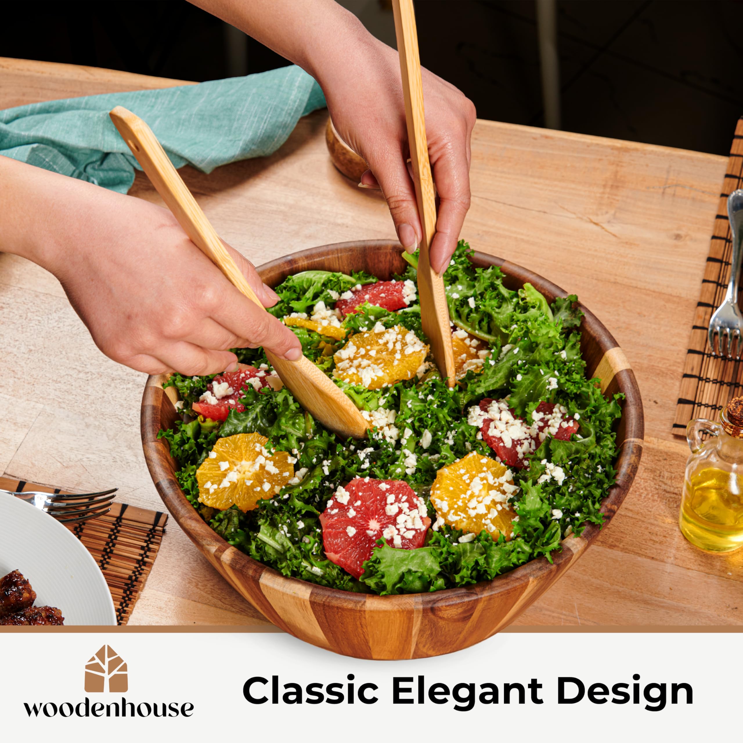 Woodenhouse - Ensaladera de madera, tazón de madera, diseño redondo de 12 pulgadas, gran ensaladera para servir, cuencos de frutas, hecho a mano, duradero y elegante accesorio de comedor de madera