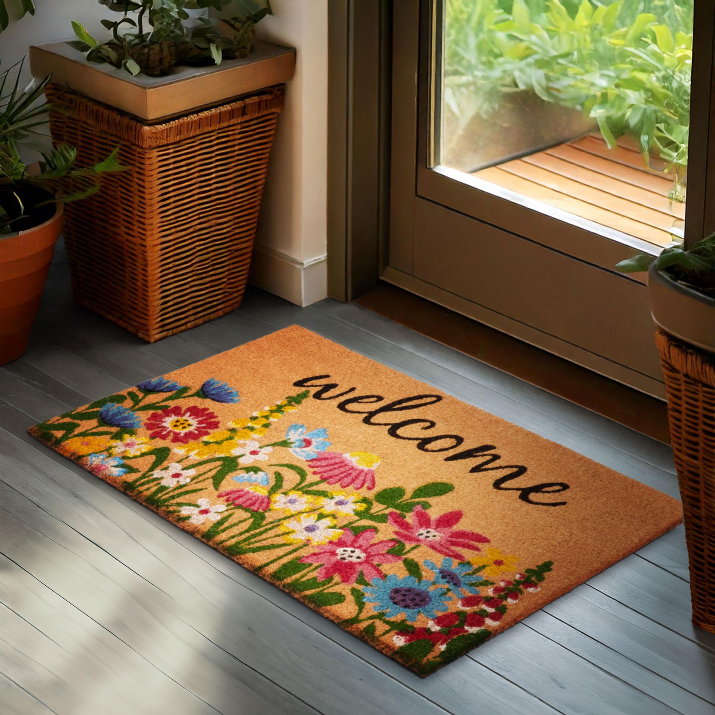 BRUBAKER Fußmatte für Außen und Innen - Welcome Blumenwiese - 45 x 75 cm Blumen Schmutzfangmatte aus Kokos - Antirutsch Fußabtreter Wetterfest und rutschfest - Türmatte - Braun Bunt