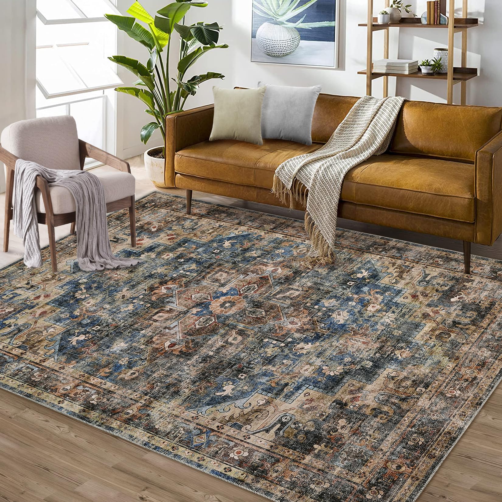 8x10 Area Rug Machine Washable Rug for Living Room Vintage Medallion Distressed Indoor Accent Rug Stain Resistant Non-Slip Traditional Floor Cover Carpet Rug for Home Decor, Blue/Brown