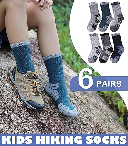 Miniatura 4 de LINEMIN Calcetines de senderismo de lana merino para niños y niñas, cálidos, gruesos, térmicos, acolchados, para invierno, 6 pares