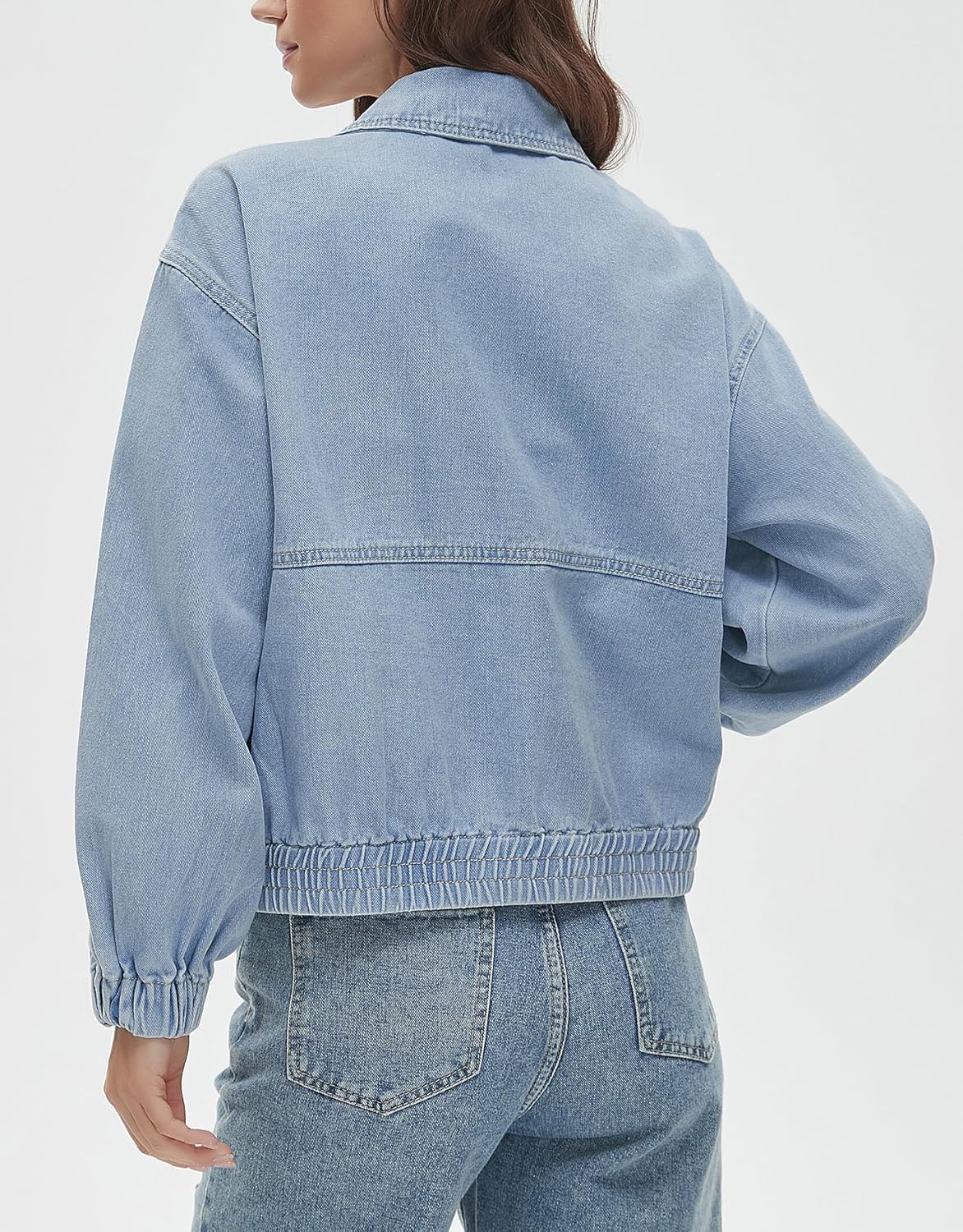 Kedera Womens Denim Jackets Long Sleeve Zip Up Elastic Hem Classic Loose Jean Bomber Jacket Coat Outfit - Image 3