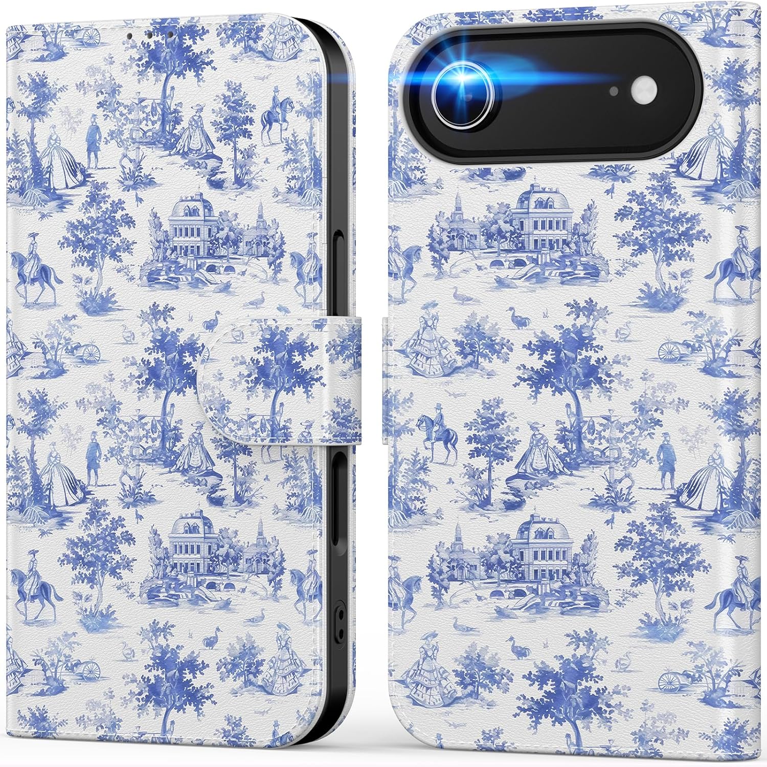 DEENAKIN for iPhone Air Wallet Case with Card Holder + Cash Clip, RFID-Blocking, UV-Printed Artwork, Magnetic Closure with Kickstand, Protective Phone Cover for iPhone 17 Air - Vintage Toile Motifs