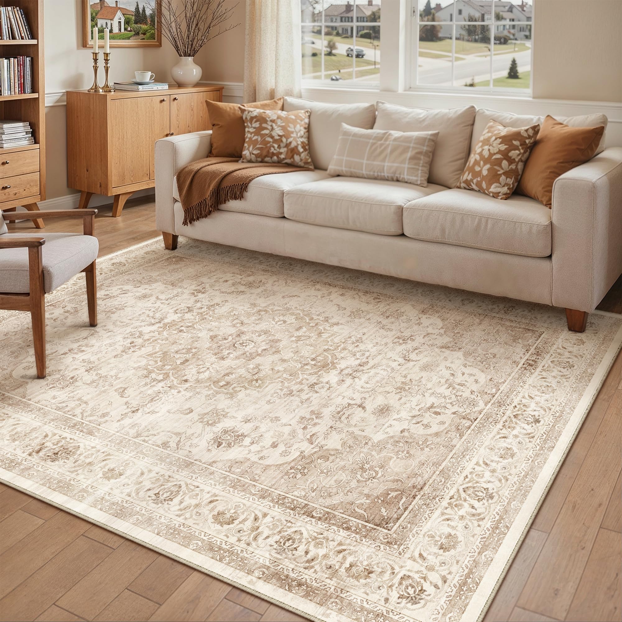 PureCozy Vintage Washable Large Rugs Living Room 160x230cm Area Rug, Beige