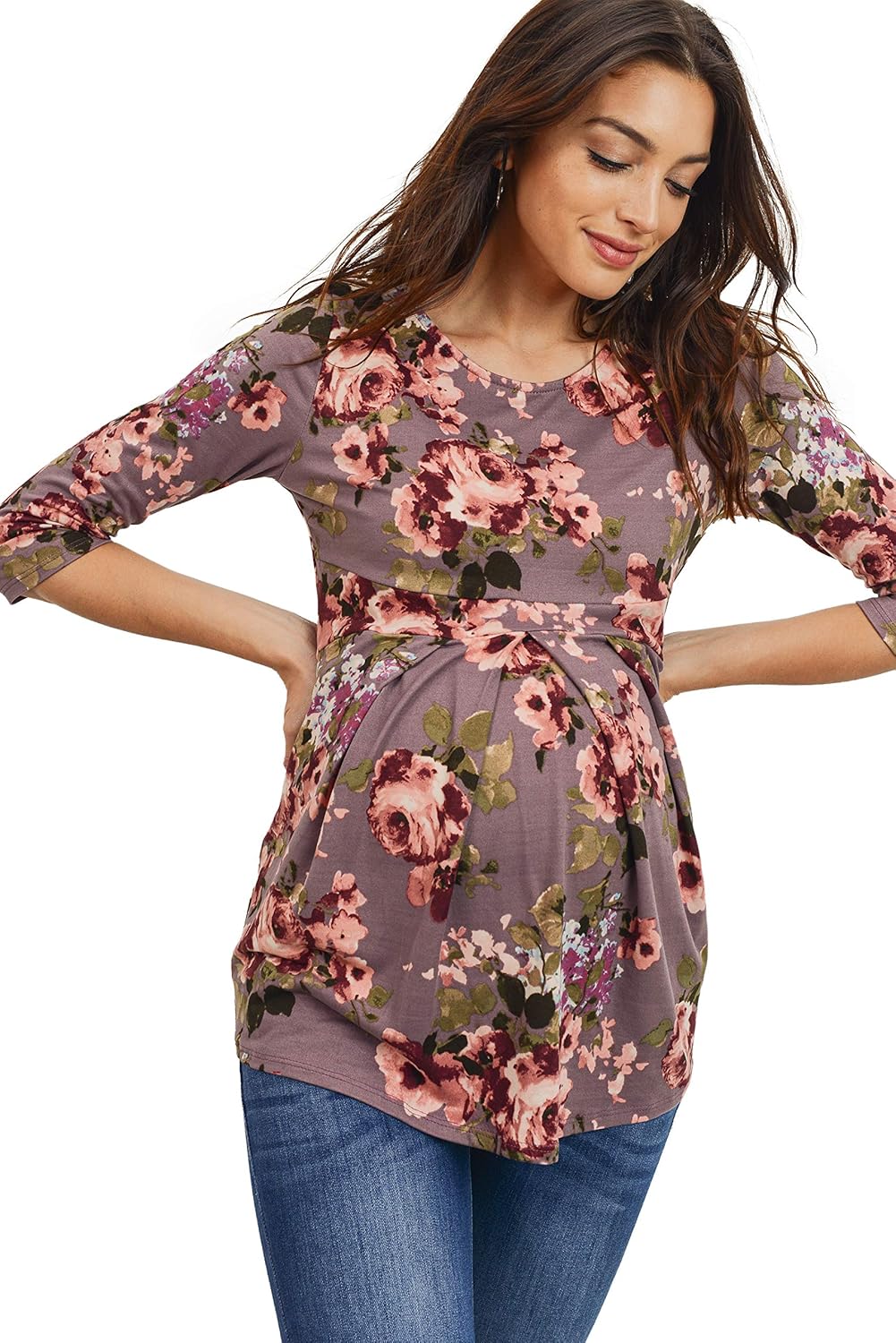 LaClef Women's Round Neck 3/4 Sleeve Front Pleat Peplum Maternity Top