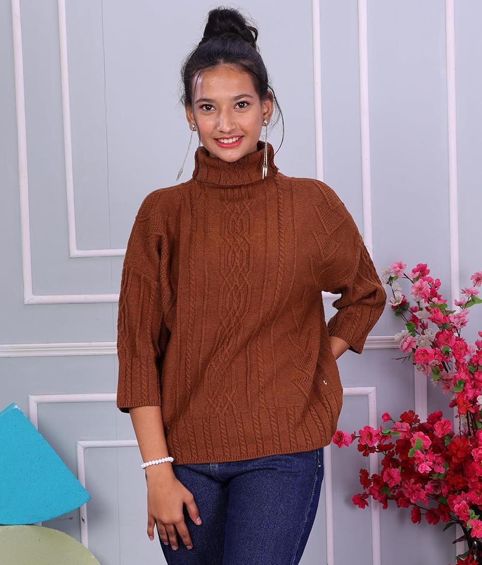 Buy ICW Women Knit-Rib 3/4 Sleeve Self Design Turtle Neck Woolen