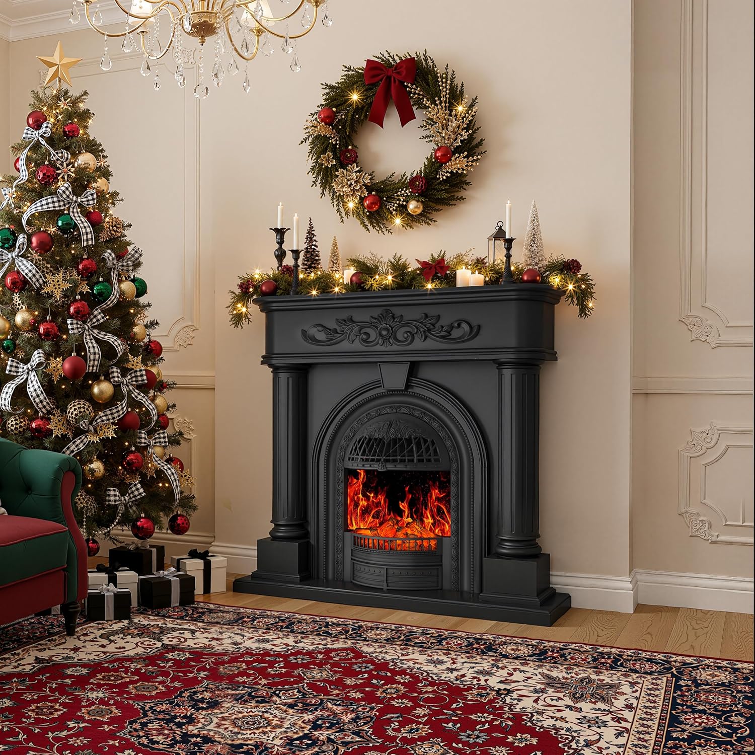 50” Tall Black Solid Wood Electric Fireplace with Mantel, Roman Column TV Stand with Arched Birdcage Heater Insert, Modern Fireplace for Living Room, Bedroom & Entryway