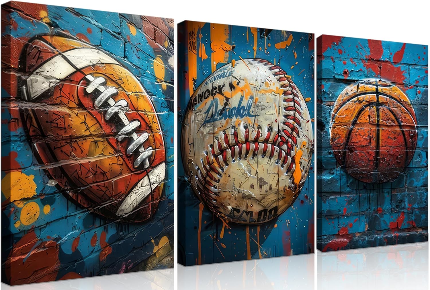 3Pcs Graffiti Sport Canvas Wall Art Trendy Cool Pop Wall Decor Colorful American Football Baseball Basketball Posters Pictures Inspirational Painting Inspirational Boy Room Prints Framed