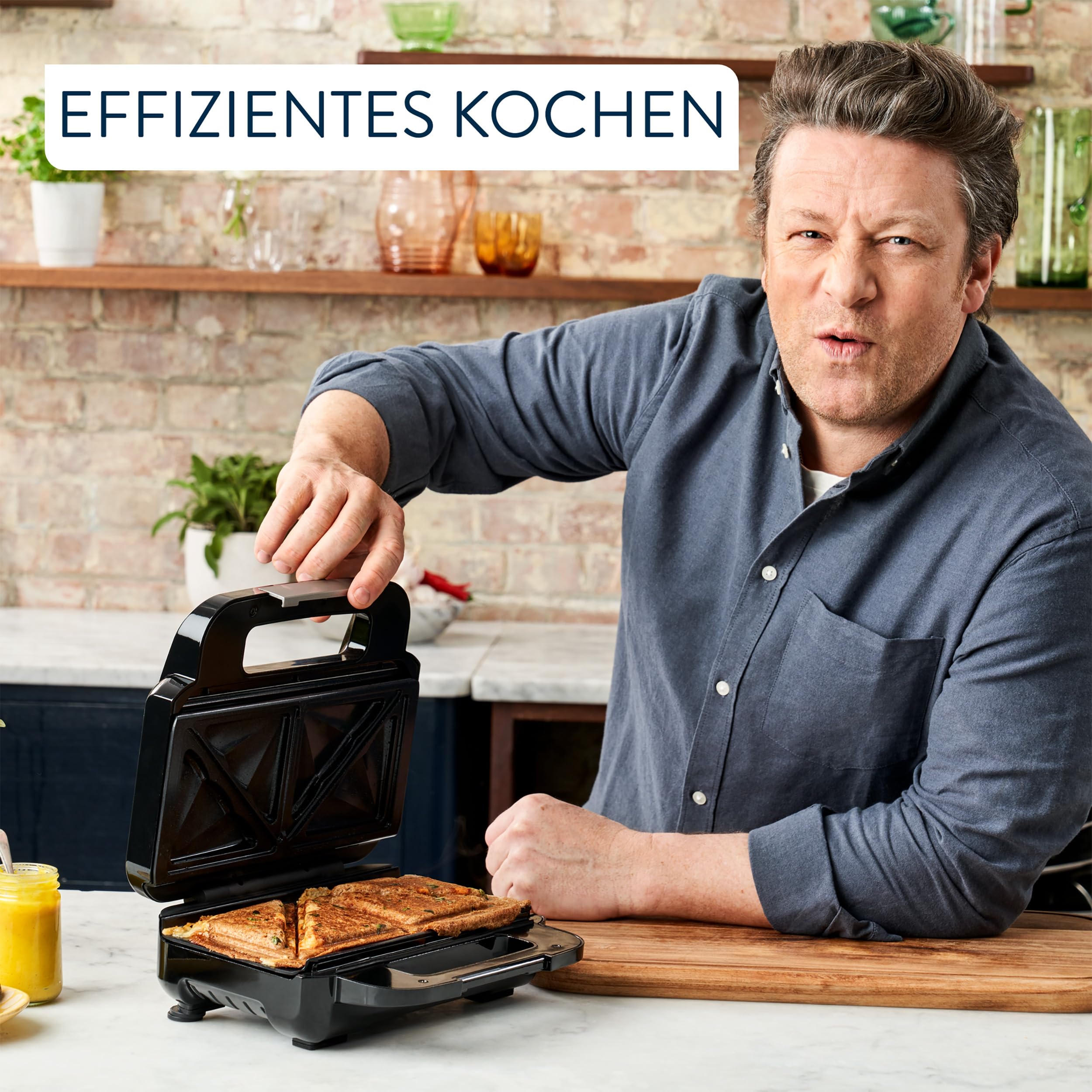 Tefal Jamie Oliver 2-in-1 Sandwich-Waffel-Kombigerät, Antihaftbeschichtete Platten, spülmaschinengeeignet, Betriebs- und Temperaturkontrollleuchte, Kabelaufwicklung, Edelstahl/Schwarz, SW70J810