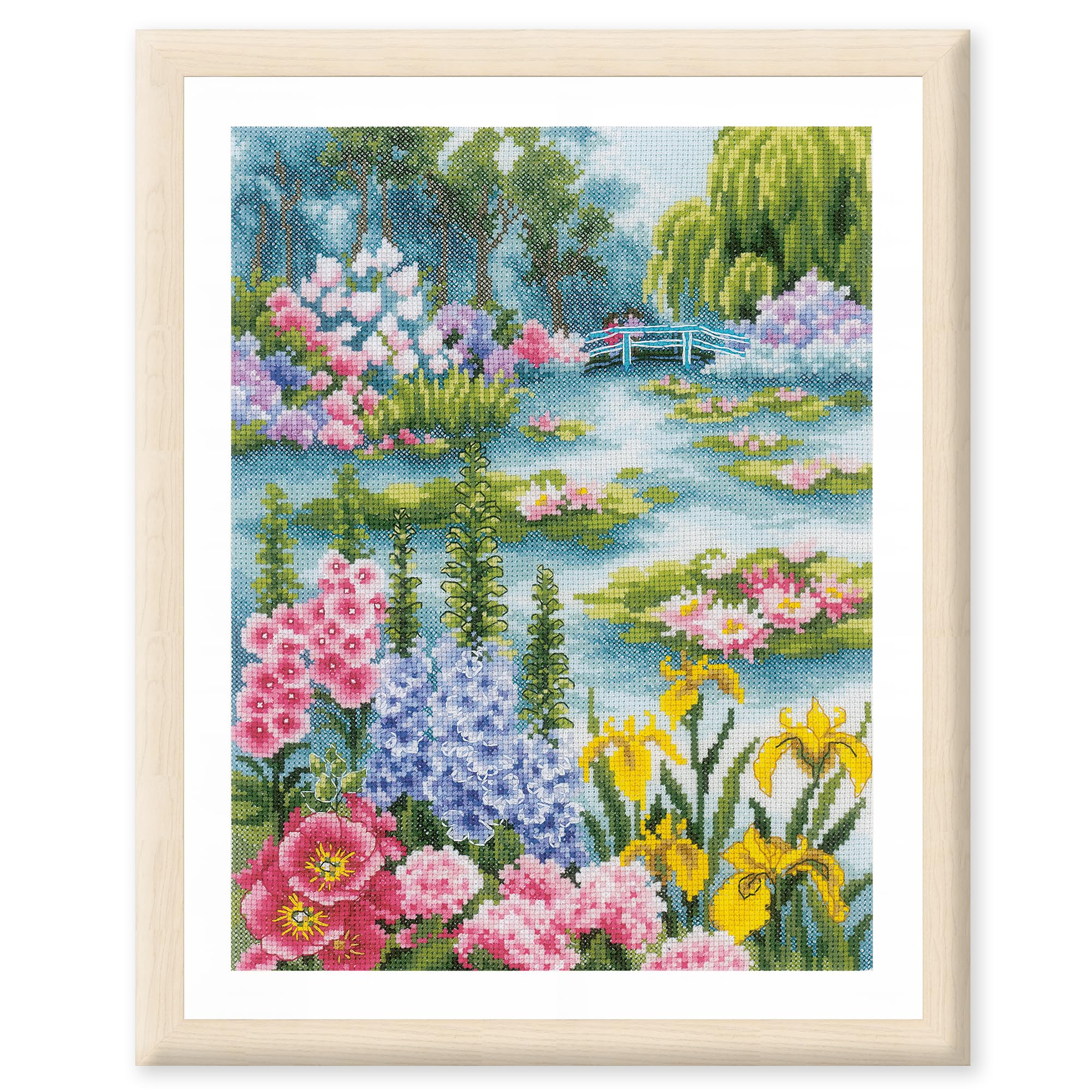 LANARTE Haft Krzyżykowy Liczony Zestaw Obraz do Haftu PRZY STAWIE Z LILIAMI Zrób to Sam Zestaw Kreatywny dla Dorosłych Rękodzieło Artystyczne 24 x 33 cm Dekoracja Ścienna DIY Cross Stitch Kit