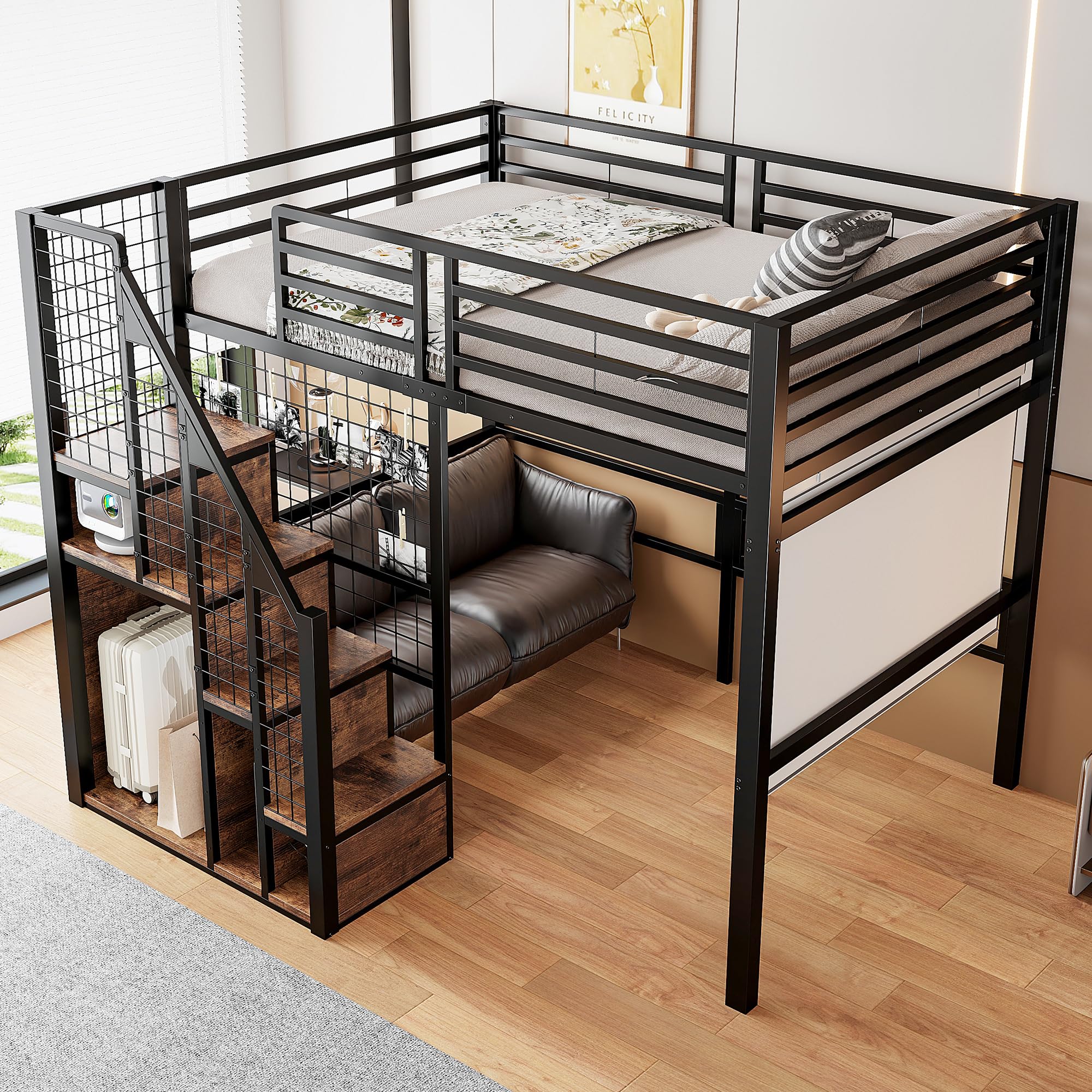 Dolamaní Letto a soppalco 140 x 200 cm con scala per bambini e adulti, rete da letto in metallo con sicurezza anti-caduta, grande spazio sotto il letto, nero