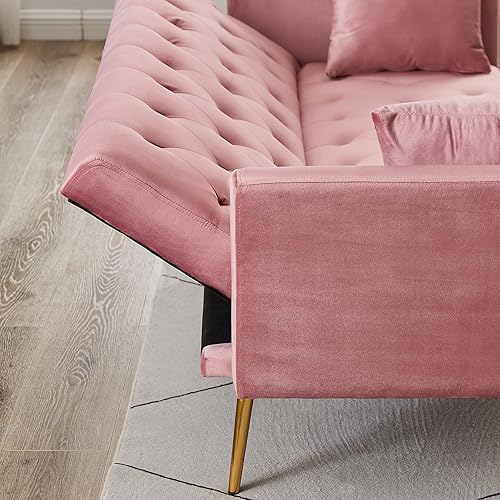 Miniatura 7 de Moderno sofá cama futón de terciopelo con 2 almohadas, sofá cama convertible 2 en 1, sofá biplaza reclinable plegable con patas de metal dorado para