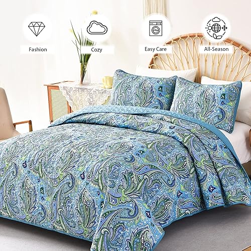 Miniatura 3 de DJY Juego de edredón de cachemira verde azulado, juego de edredón bohemio de 3 piezas, juego de edredón de microfibra suave y ligera con estampado