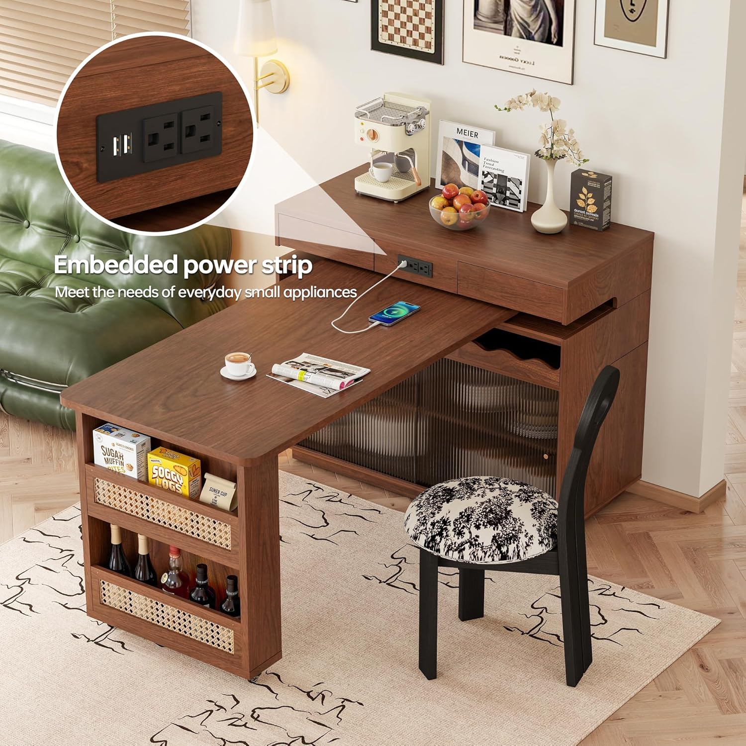 47" Expandable Mobile Kitchen Island with Power Outlet, 180° Sliding Table Top with Wheels, Extendable to 83", Multifunctional Storage Dining Table for Kitchen, Dining & Living Room, Walnut Finish