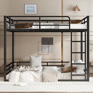 PVWIIK Metal Bunk Bed, Full XL Over Full XL Floor Bunk Bed Frame,Heavy-Duty Bunk Bed for Kids, Teens, Adults, Easy to Assemble, Black