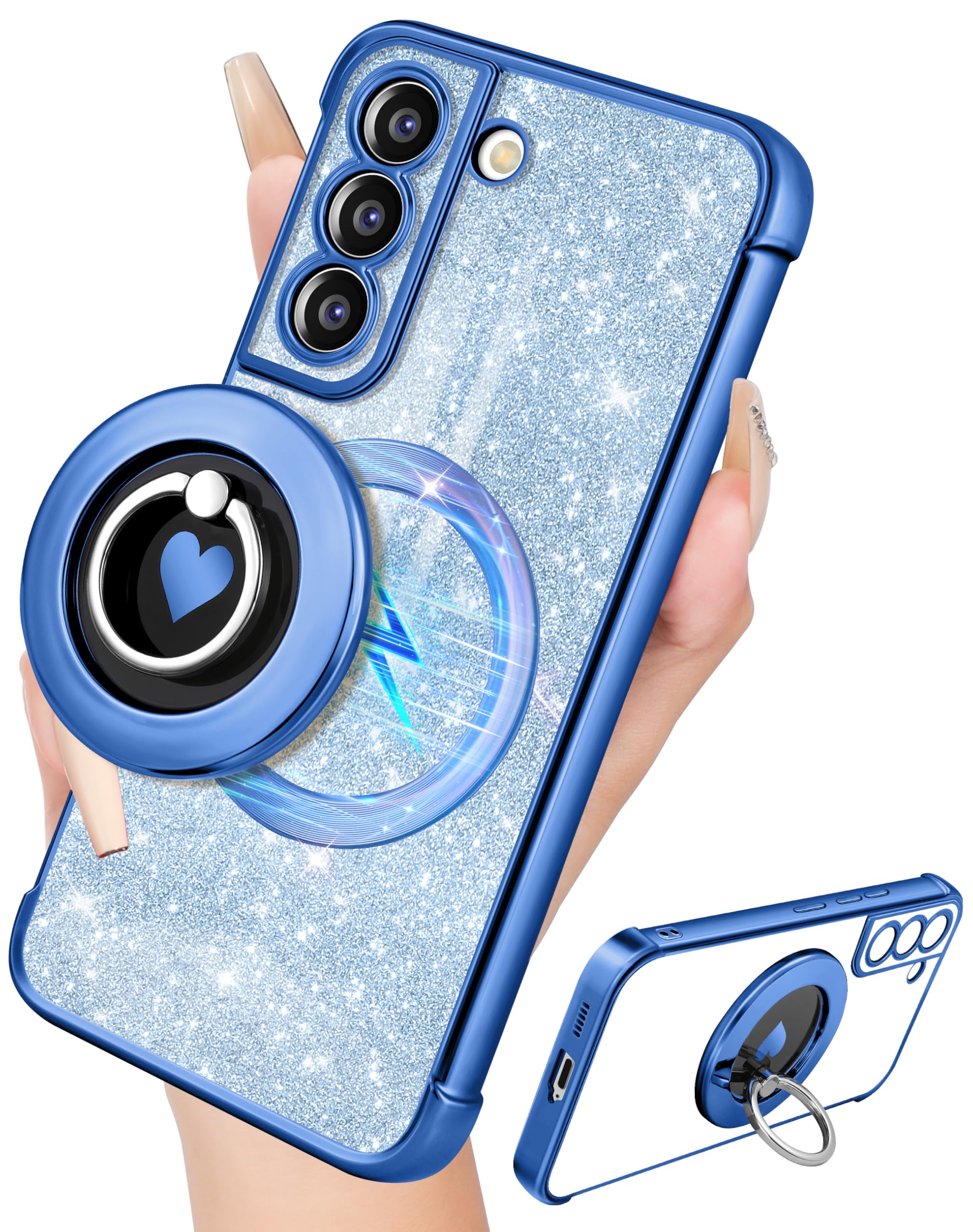 LISEVO for Samsung Galaxy S21 FE Case - Women Glitter Bling Girls Compatible with MagSafe Ring Stand Magnetic Phone Case G...