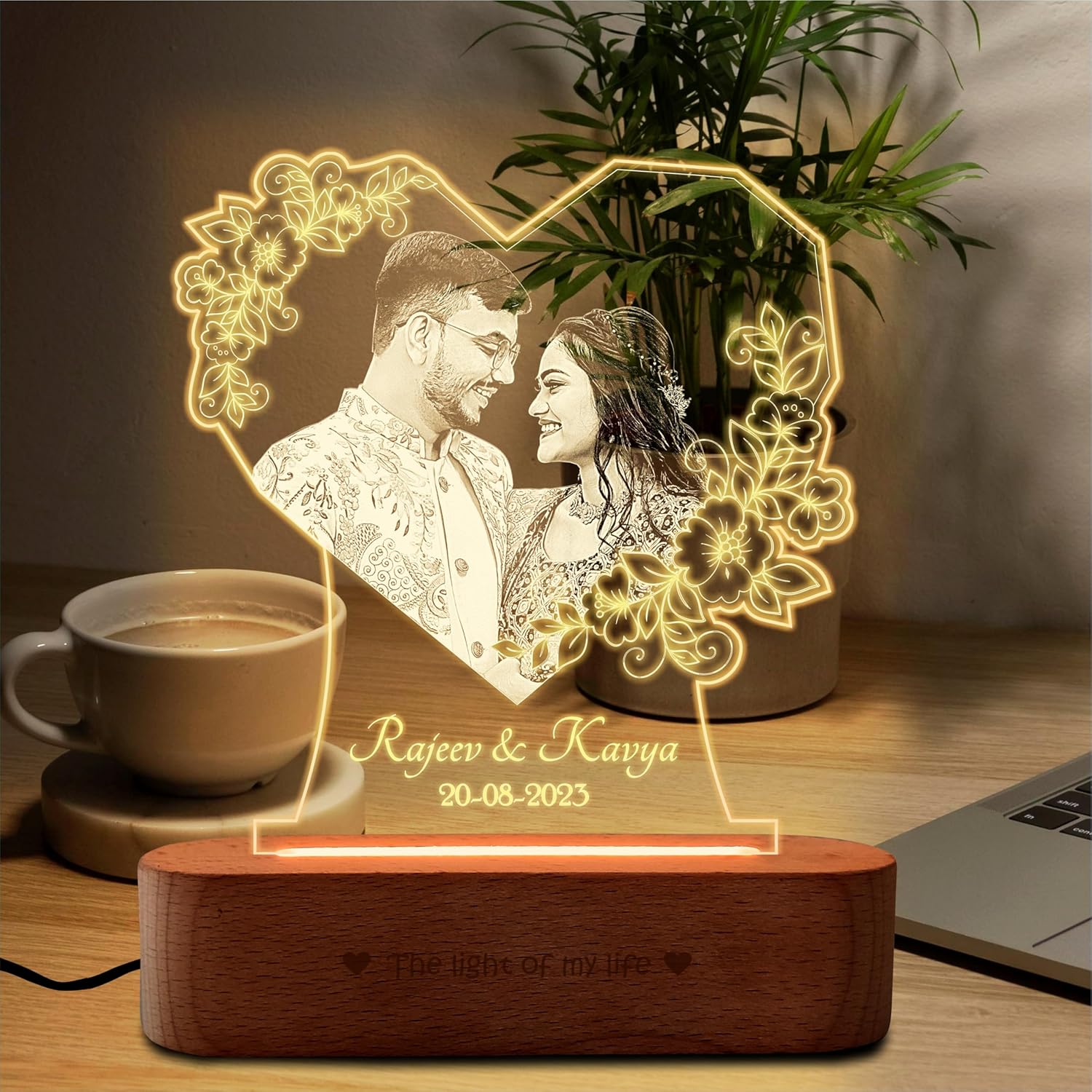 ZOCI VOCI Personalized Valentine Gift for Couple – LED Photo Frame | Customized Anniversary Gift for Wife & Husband | Photo Engraved Lamp (Radiant Love, Warm Light)