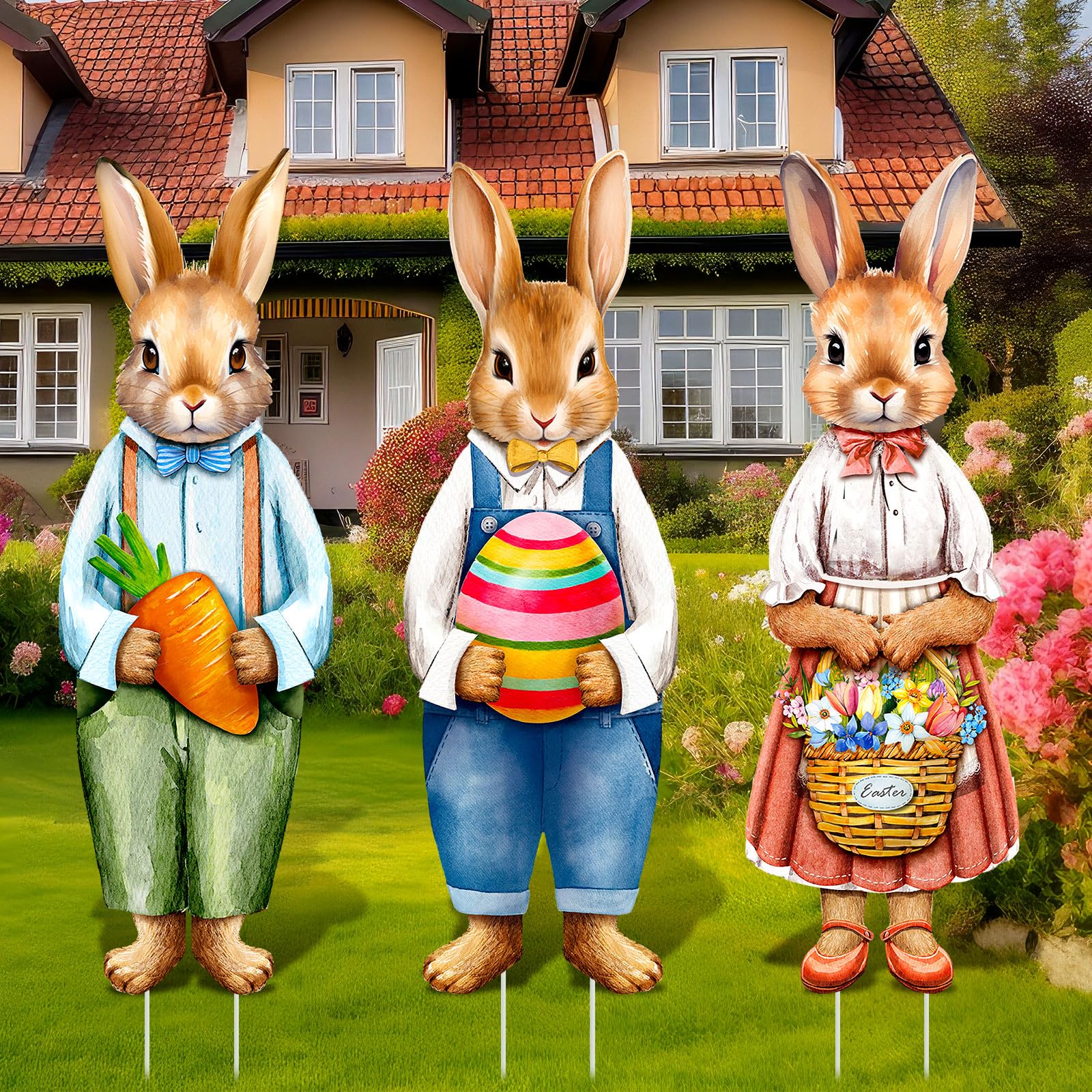 Umigy 3 Pcs Easter Yard Decor Elegant Easter Sign with Stakes 32 x 10 Inch Bunny Holding Carrots Eggs Baskets Lawn Decor Cute Yard Decoraitons for Home Pathway Walkway