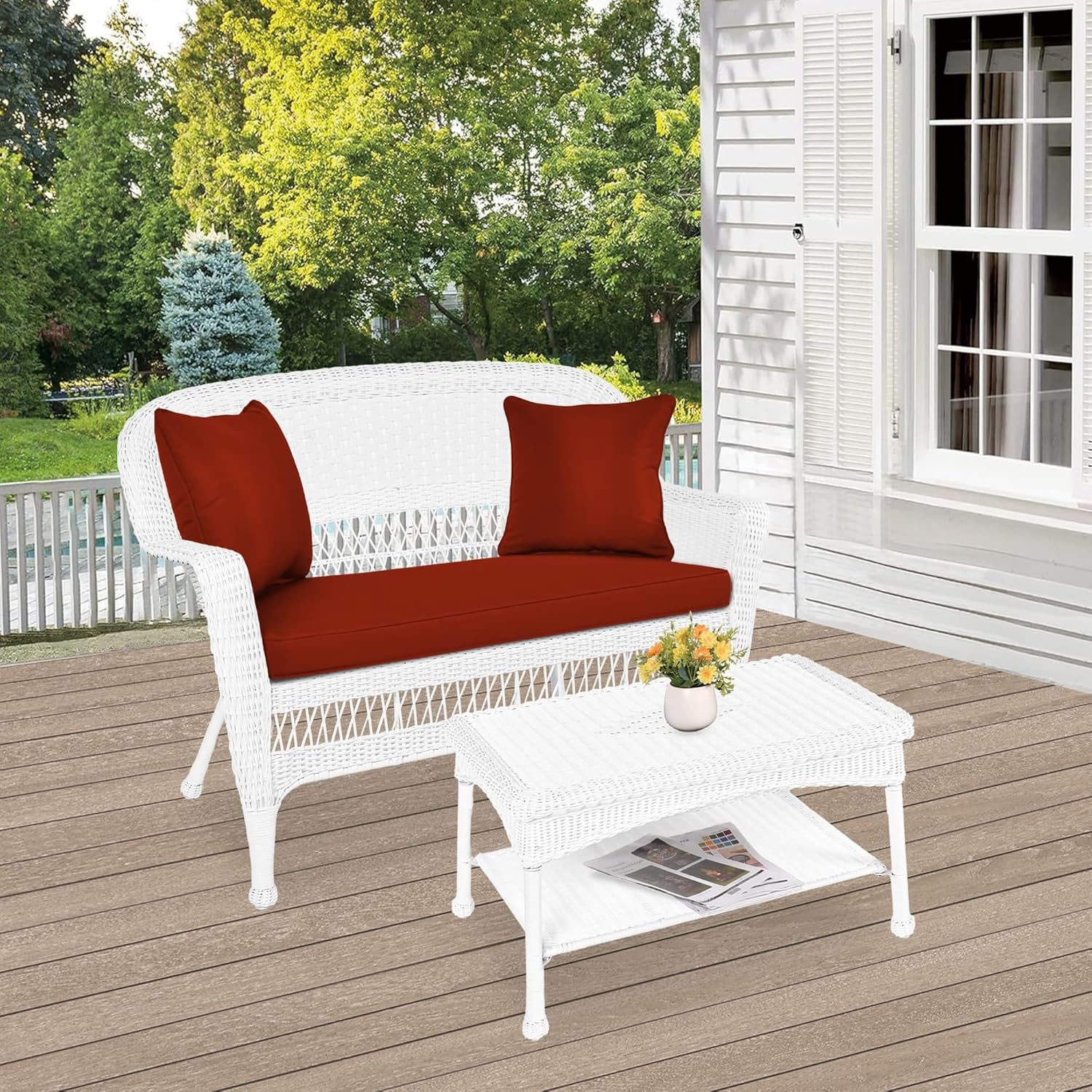 Jeco Wicker Patio Love Seat and Coffee Table Set with Red Orange Cushion, White
