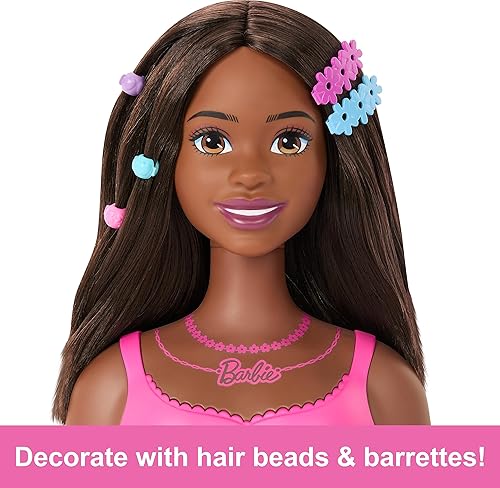 Miniatura 5 de Barbie Cabeza de estilo de muñeca, cabello castaño con 20 accesorios coloridos, cabeza de muñeca para peinar el cabello