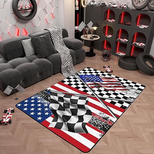 Miniatura 51 de Alfombra decorativa de coche de carreras de 5 x 6 pies 6 pulgadas, alfombra de motocross para interiores para sala de juegos, mesita de noche, sofá,