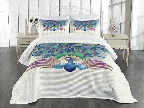 Miniatura 2 de Lunarable Colcha de pavo real, adorno de animal aviar majestuoso con plumas colgando alrededor de alas de pájaros, juego de colcha decorativa