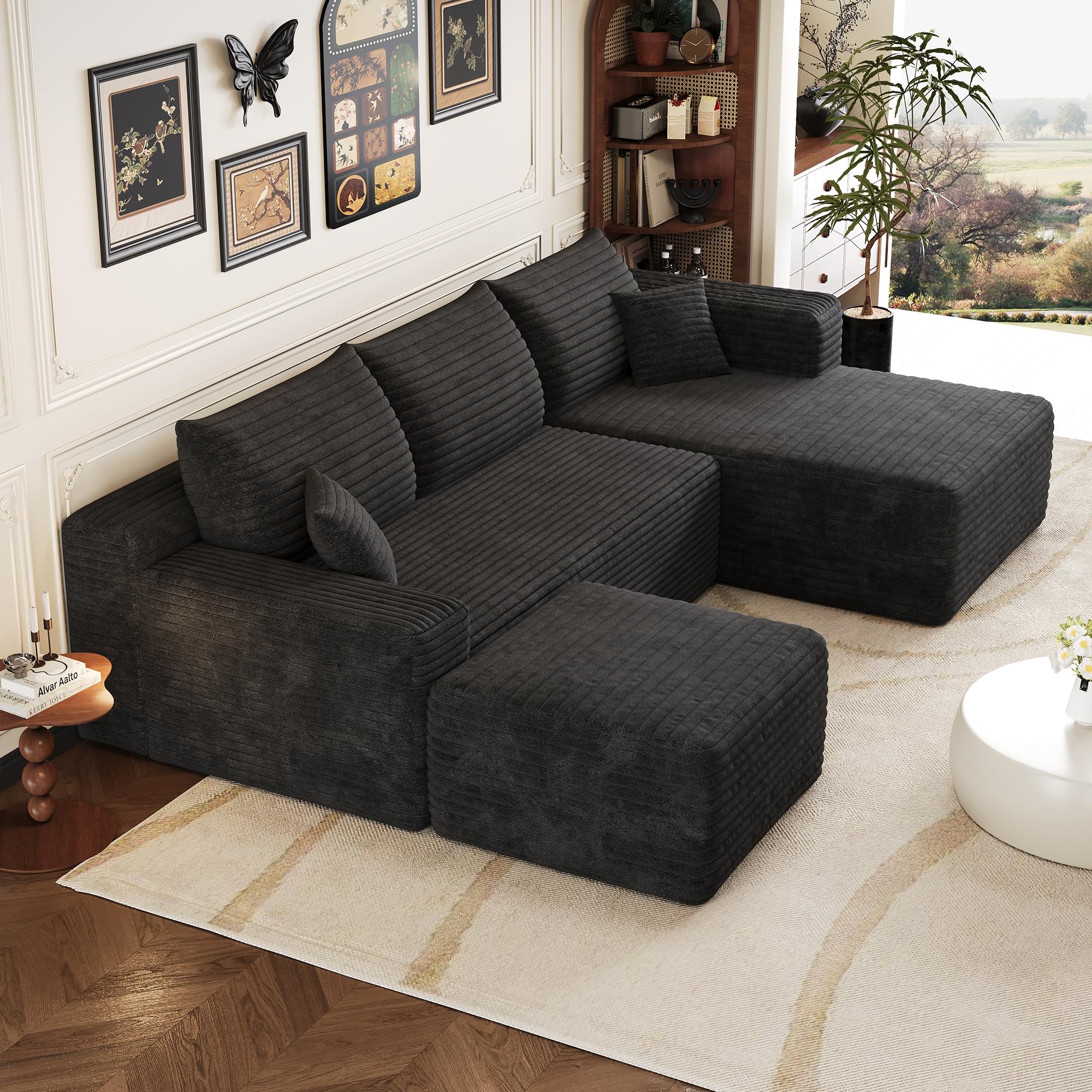 Boneless - Sofá esquinero modular con taburete, sofá de esquina en forma de U sin montaje, sofá tapizado de pana combinable, negro de 3 plazas+1, negro (Black-Right-U, 4)