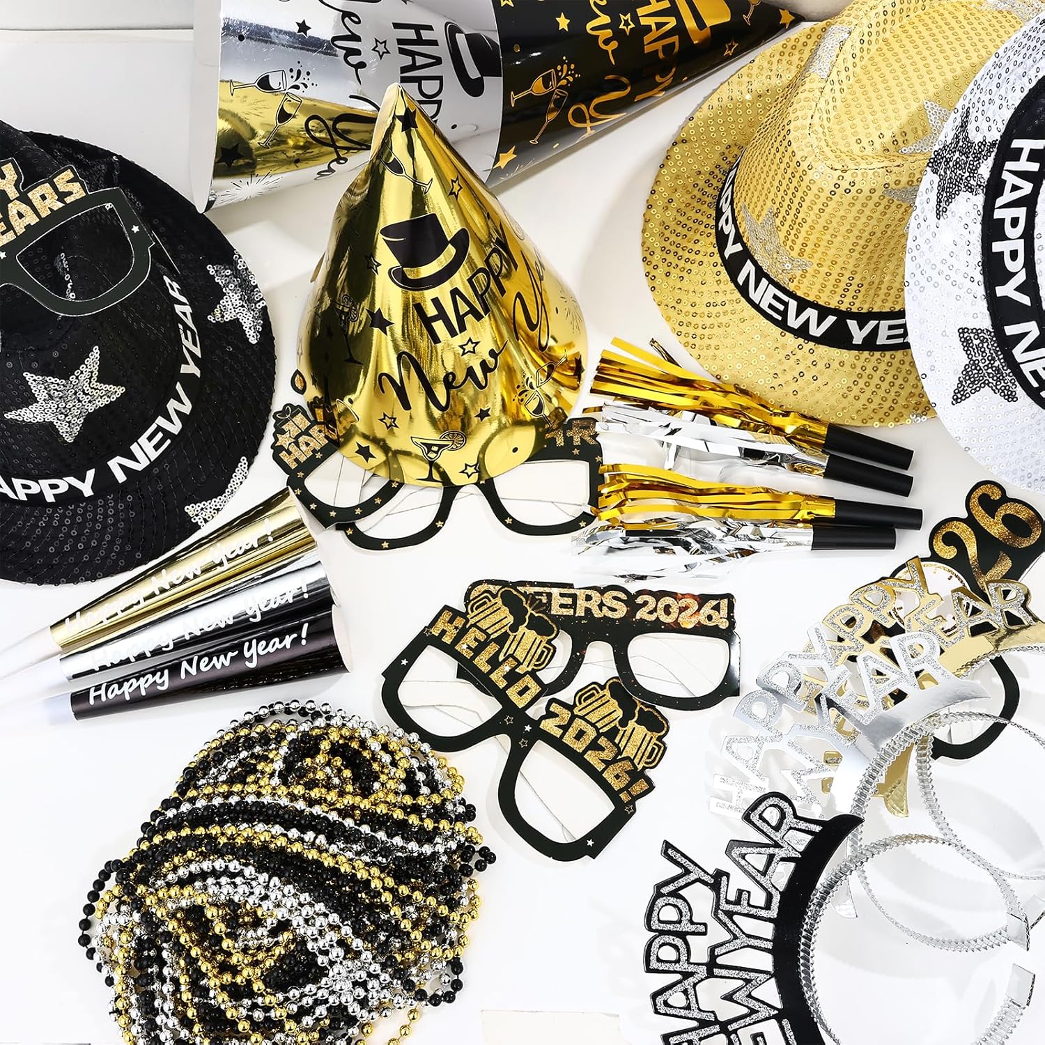 96 Pcs New Year's Eve Party Supplies for 24 Guests, 2026 Happy New Years Decoration with Silver Gold Black Top Hats, Cone Hats, Glitter Tiaras, Beaded Necklace, Squawkers, Noise Makers for Party Decor - Image 3