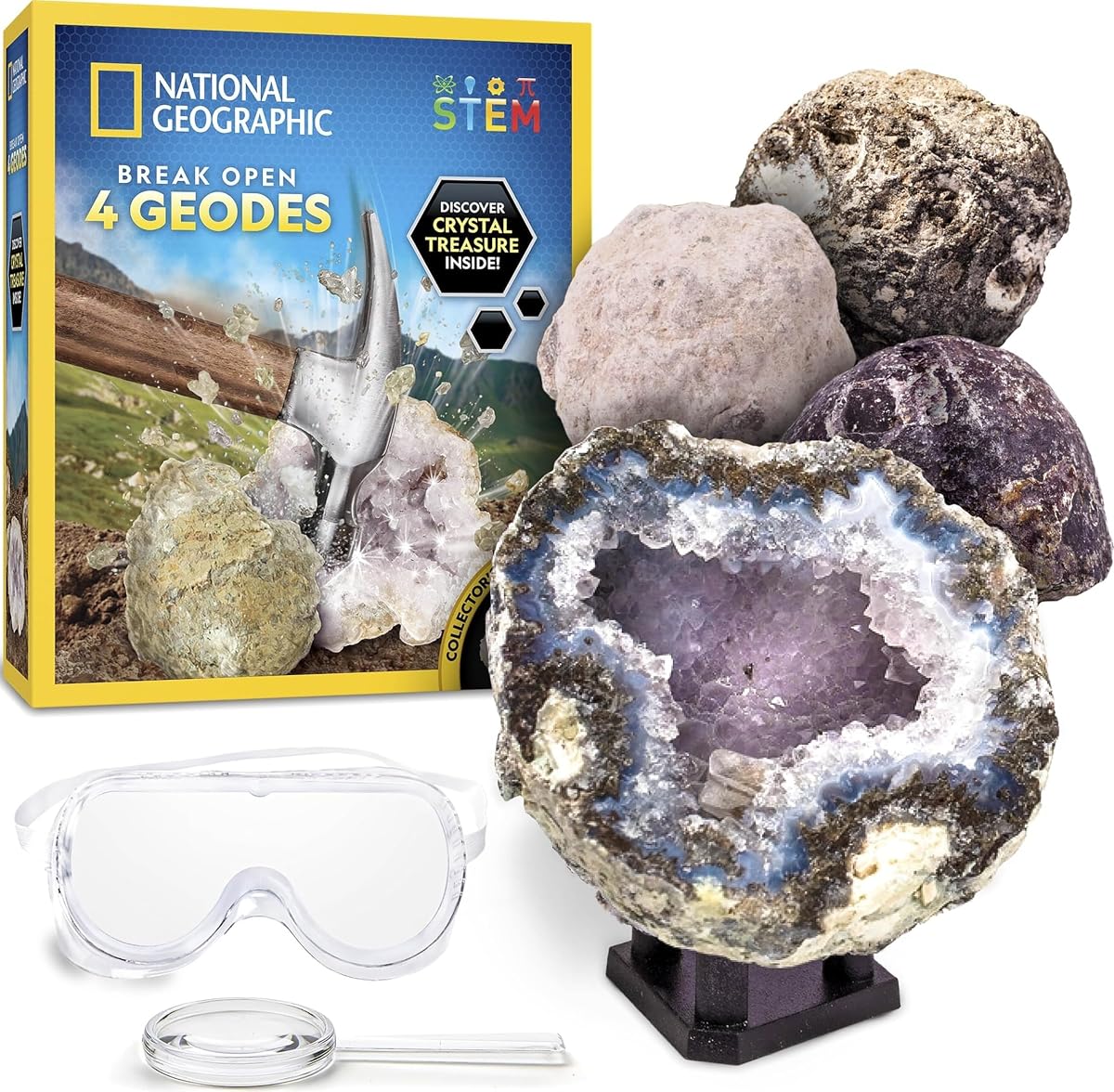 National Geographic Break Open 4 Geodes Earth Science Kit for Kids | 4 Natural Geodes, Safety Goggles, Real Crystals Inside, Break Your Own Geodes, Earth Science Activity, Birthday Gift