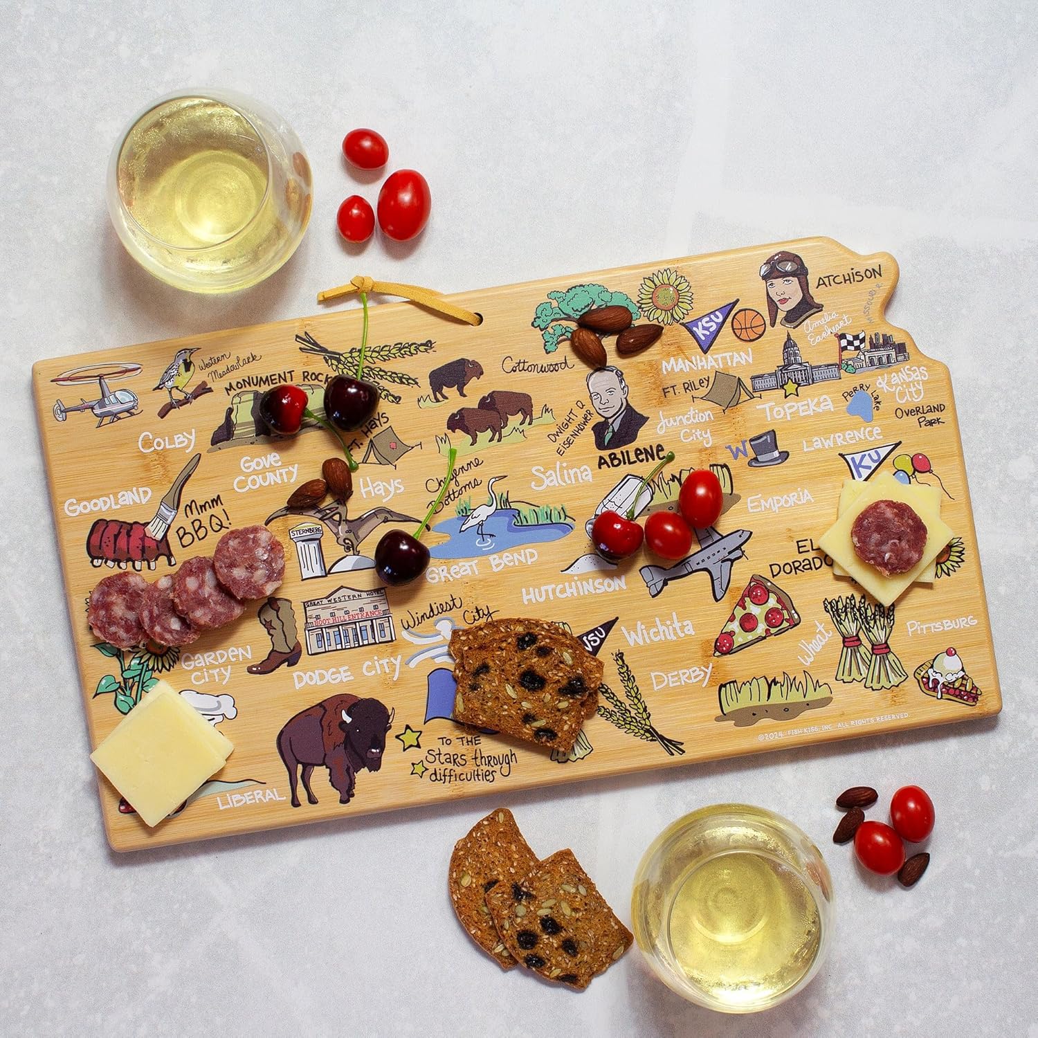 Totally Bamboo Kansas State Shaped Cutting Board and Charcuterie Serving Platter with Artwork by Fish Kiss, Includes Hang Tie for Wall Display - Image 3