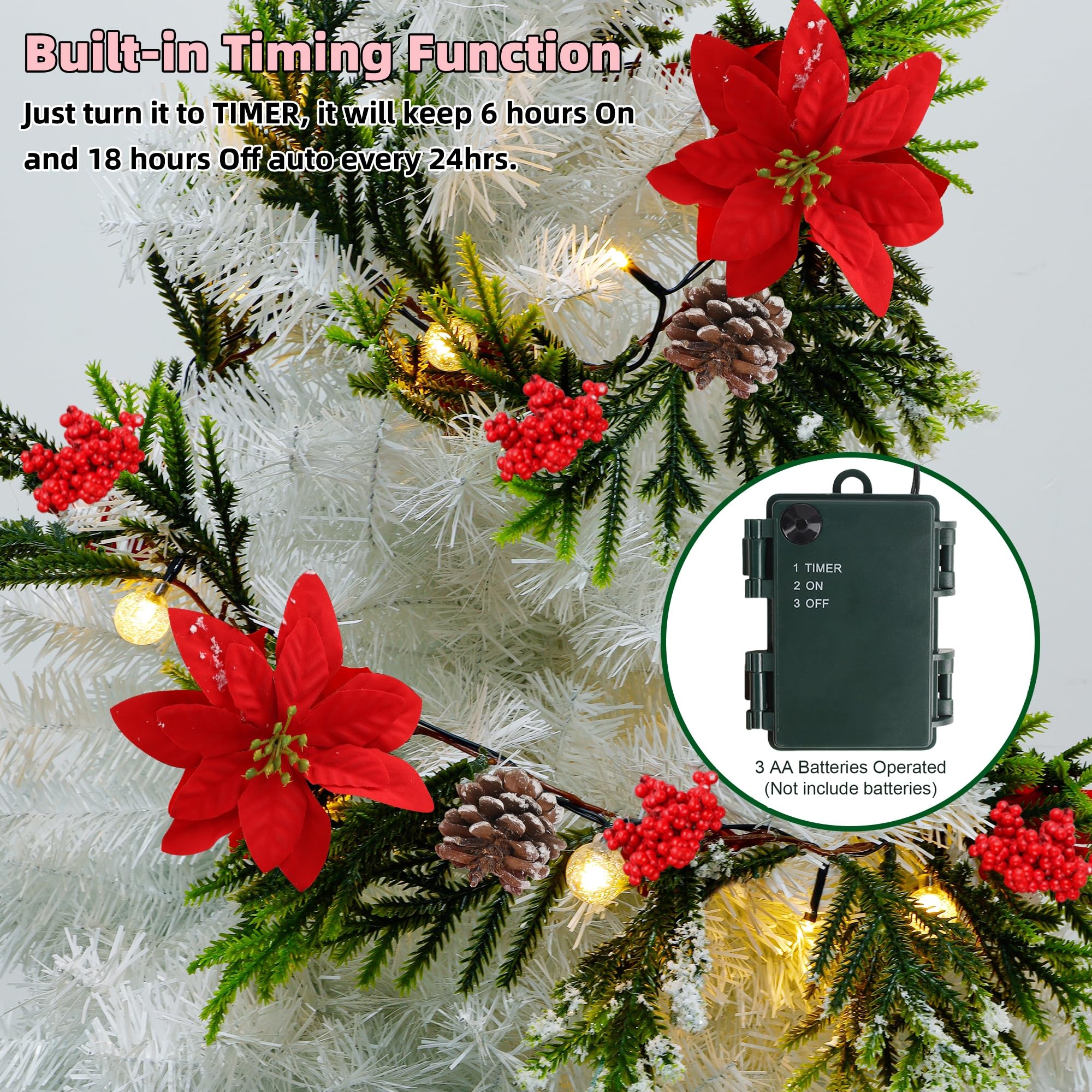 Juegoal YO-TTSZ-2 Weihnachtsgirlande, 2,7 m, beleuchtete künstliche Weihnachtsgirlanden, beleuchteter Weihnachtsstern, Fichten-Timer, batteriebetrieben, mit Lichtern, Garten, Zuhause, Winter, Neujahr,
