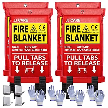 [Pack of 4] Fire Blanket Fire Suppression Blanket with Fire Protective Gloves + Hooks -Suitable for Camping, Grilling, Kitchen Safety, Car and Fireplace Retardant Blanket for Emergency
