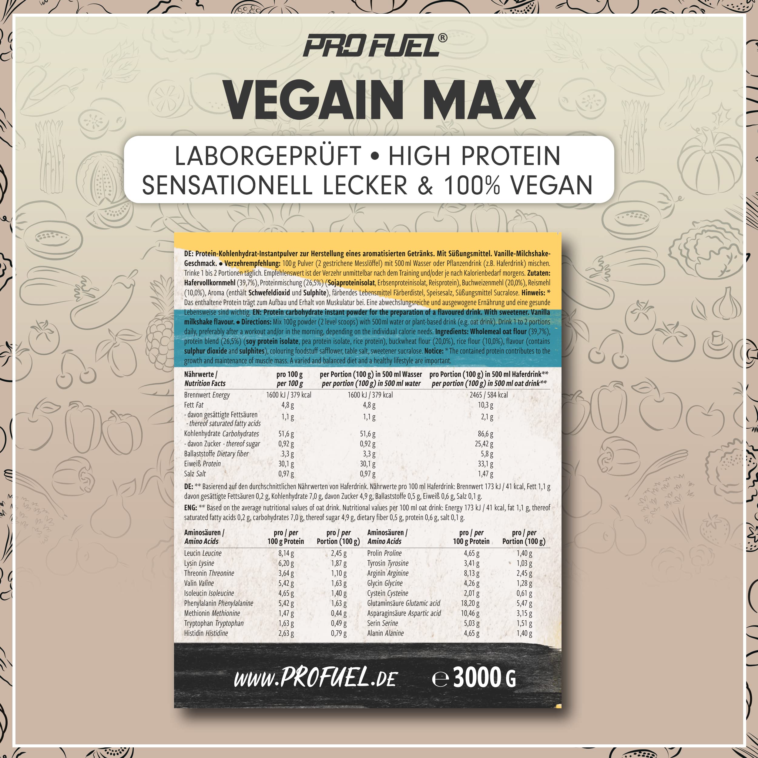 Weight Gainer VANILLA DREAM MILKSHAKE 3kg, 580+ kcal pro Portion, VEGAIN MAX Muscle Mass Gainer, hoher Protein-Gehalt 30% + komplexe Kohlenhydrate, ohne Maltodextrin & Dextrose, laktose-frei & vegan