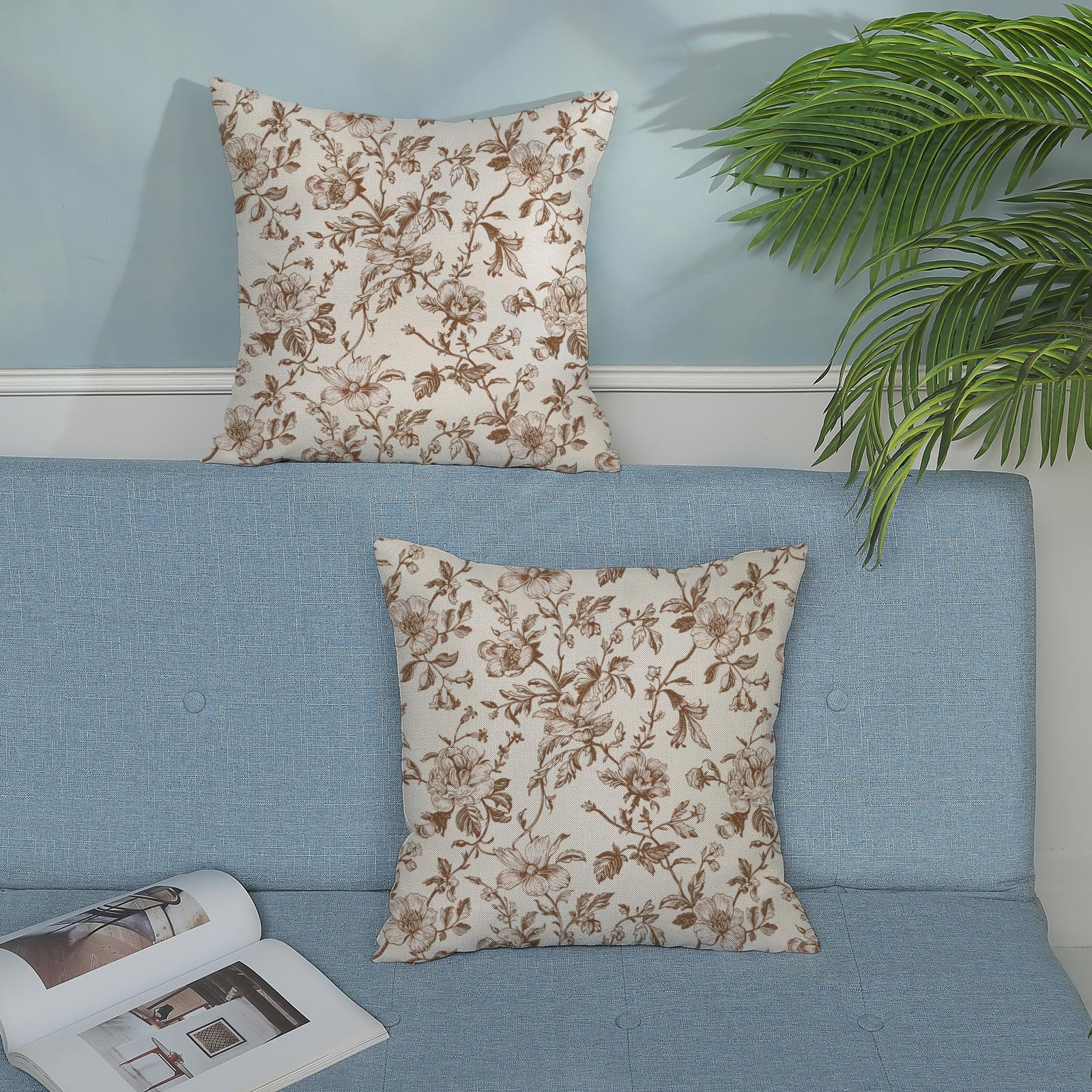 2 Federe Cuscini 40x40 Stile Vintage Con Fiori Ruggine E Foglie Verdi - Cotone E Lino Per Divano E Camera Da Letto