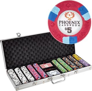 500-piece Aluminum Phoenix Poker Chip Case - 10-gram Real Clay Set - Casino Chips for Texas Holdem, Blackjack - Betting Game Accessories