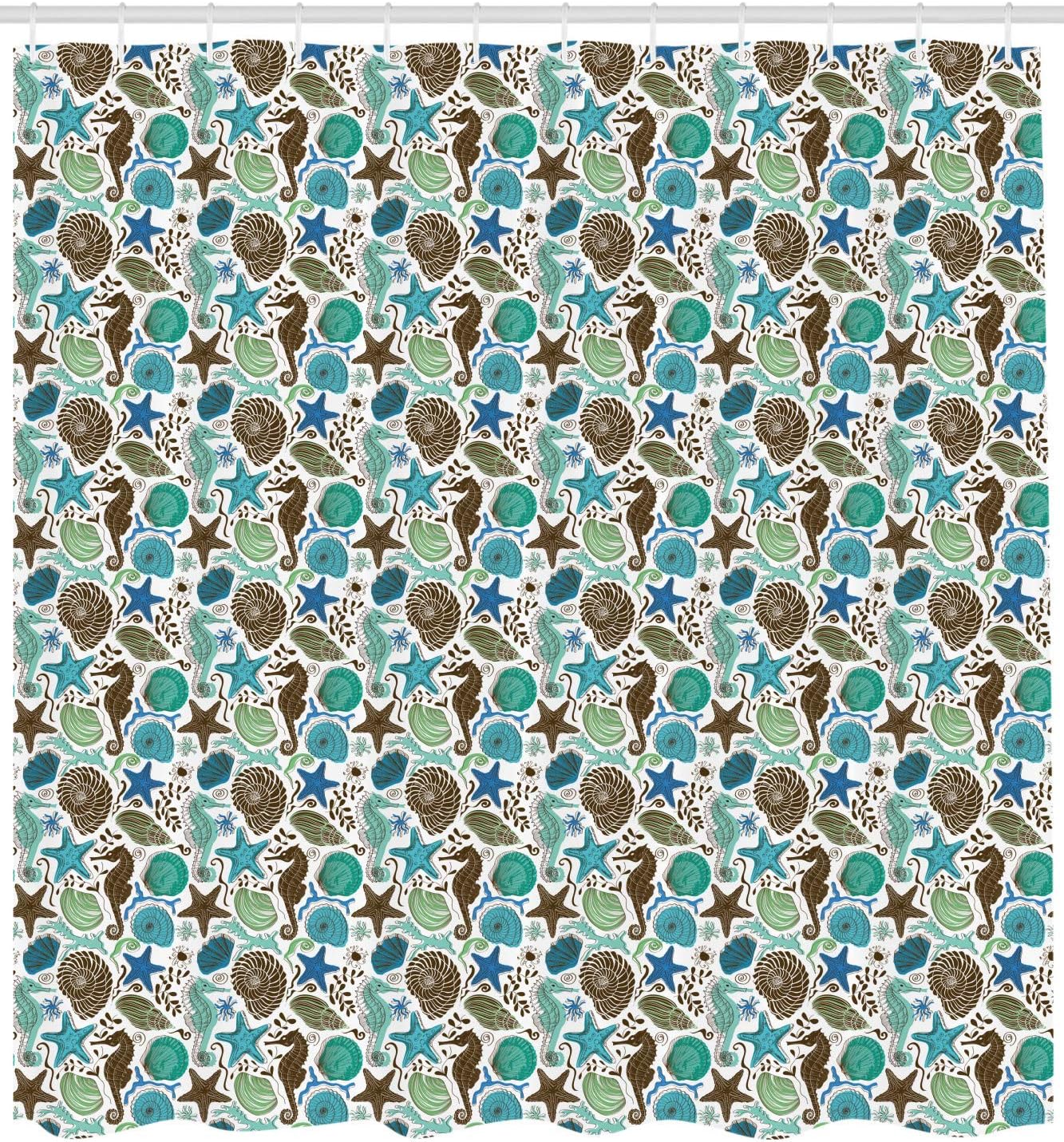 Ambesonne Sea Shells Shower Curtain, Maritime Art with Seahorse and Starfishes Hand Drawn Aquarium Pattern, Cloth Fabric Bathroom Decor Set with Hooks, 69" W x 70" L, Seafoam Brown Blue