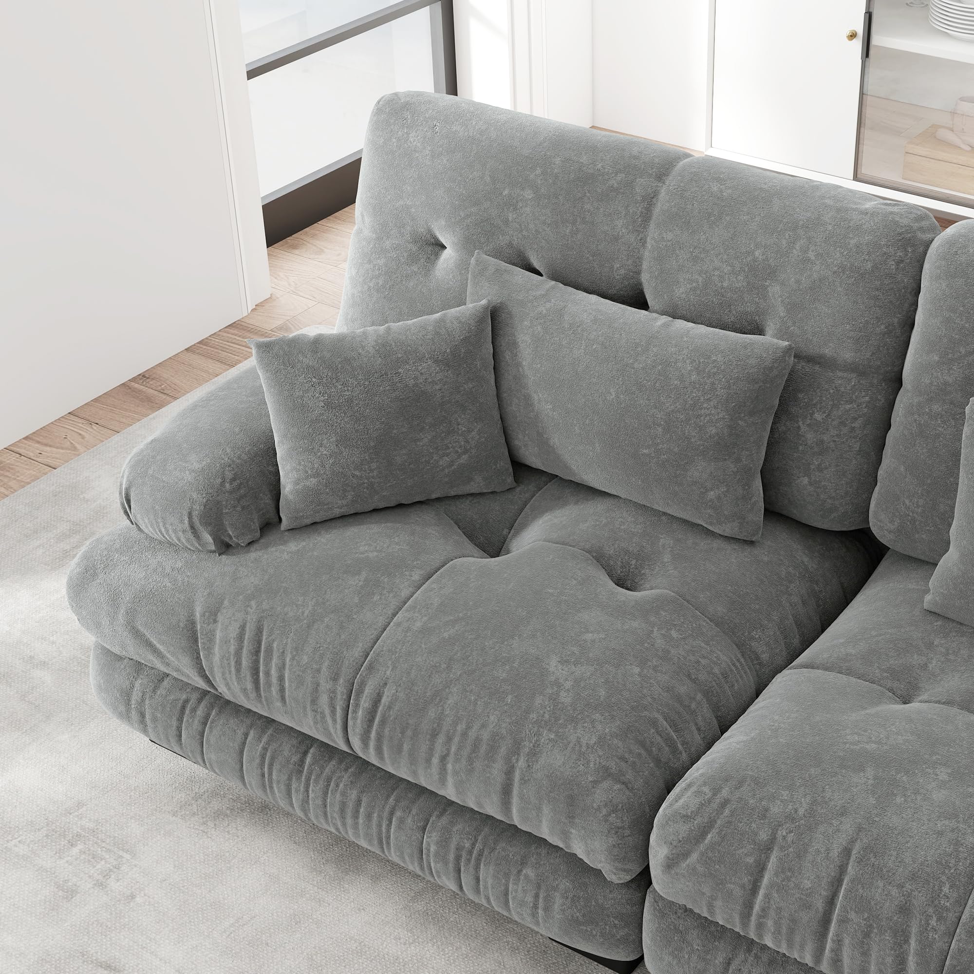Cloud Divano ad angolo per soggiorno, in ciniglia, doppio divano con 2 cuscini lombari e 2 cuscini decorativi, divano imbottito con braccioli larghi e pouf (grigio+2 posti)