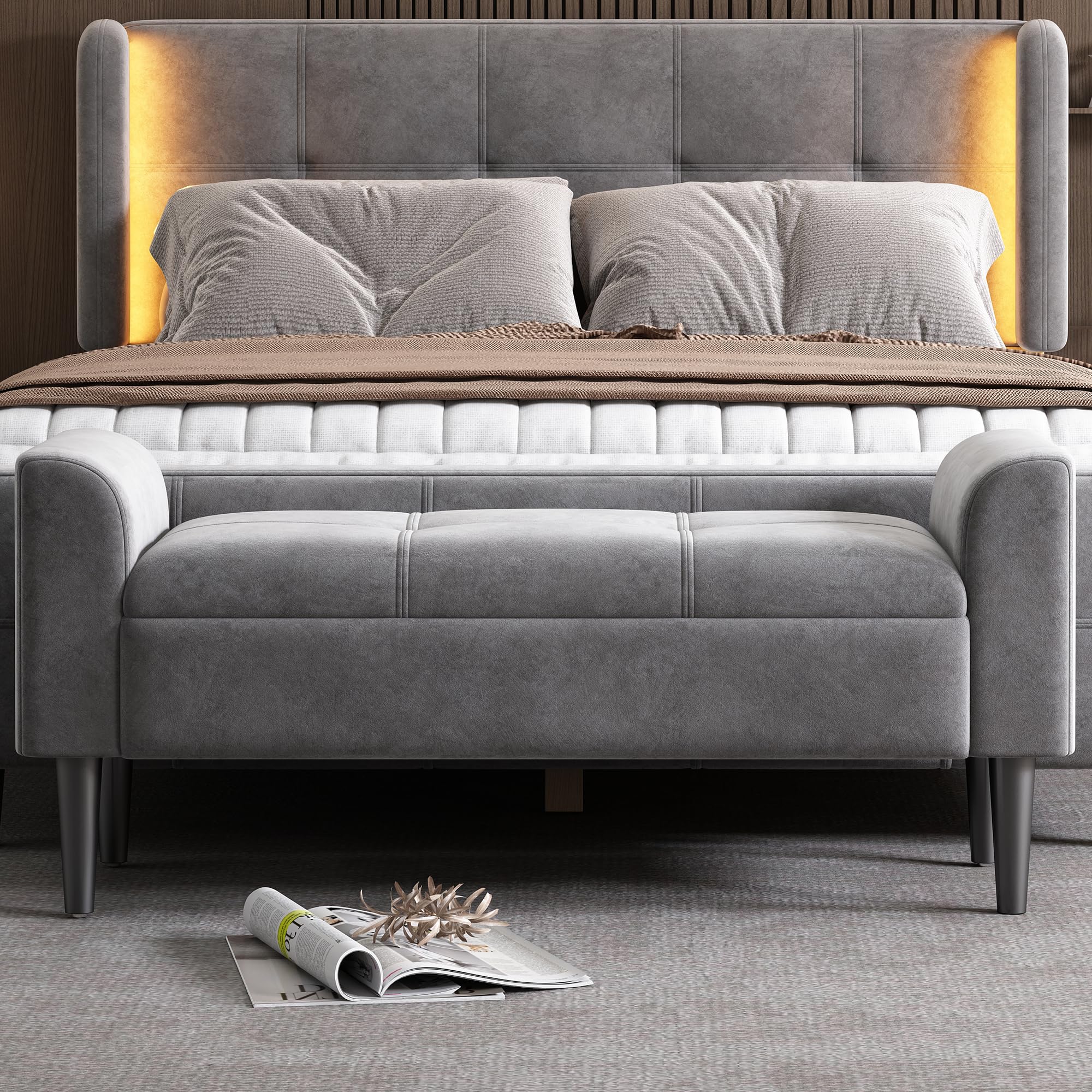 Panca Imbottita con Braccioli in Velluto, Bettbank con Steppmuster e Contenitore, MDF, Multiuso per Camera da Letto, Pianoforte ed Esszimmer, Grigio, 116 x 44 x 56 cm