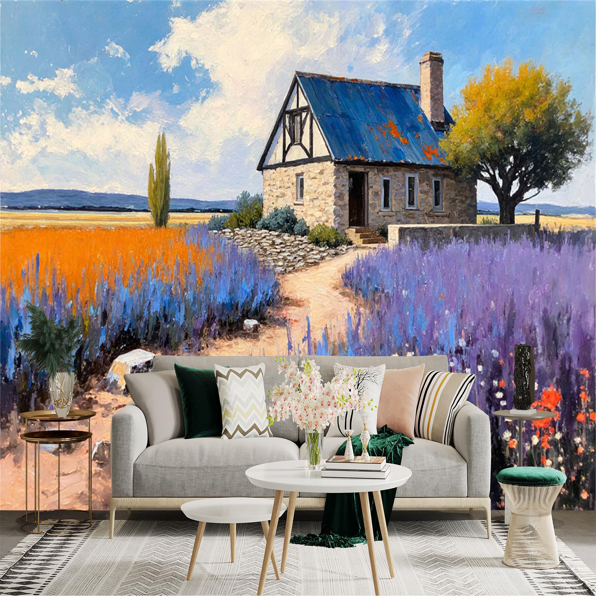 Lnzczhyre Xc260505461 Custom Size Wall Sticker Mural， Rustic Stone Cottage In Provence， Blooming Lavender Field， Sunny Countryside Scenery， For Wall Decoration， Peelandstick Wall Decals.