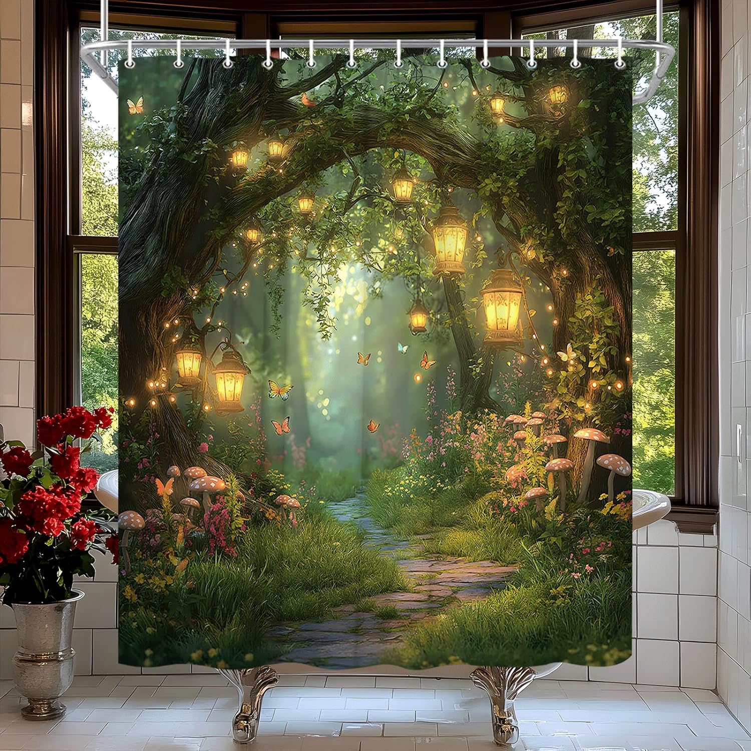 Fantasy Forest Path Shower Curtain Fairy Magical Enchanted Misty Jungle Mushroom Floral Tree Butterfly Lantern Wonderland Plant Bath Curtain Fabric Bathroom Accessories Decor with Hooks 70W x84L