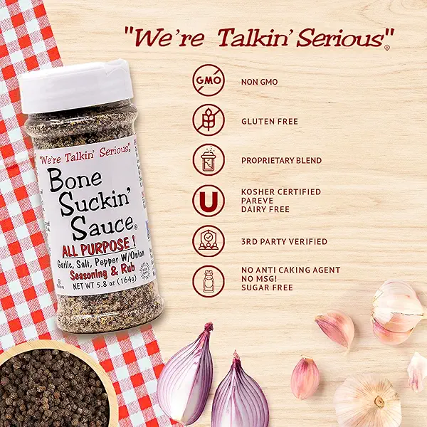 Bone Suckin' All Purpose Seasoning & Rub, Zero Calorie, Sugar Free, Gluten Free, Non GMO, No MSG, Kosher, Garlic, Salt, Pepper & Onion 6