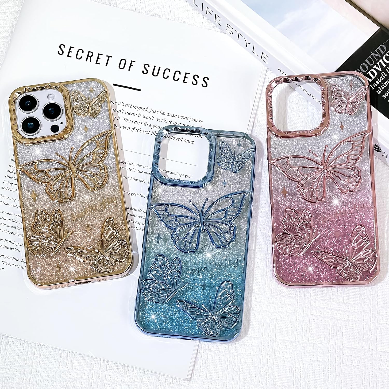 KANGHAR Glitter Case for iPhone 16 Pro Max 6.9", Bling Cute Gradient 3D Butterfly Pattern Luxury Plating Designed for Women Girls, Slim Fit Soft TPU Shockproof Protective Cover - Pink - Image 6