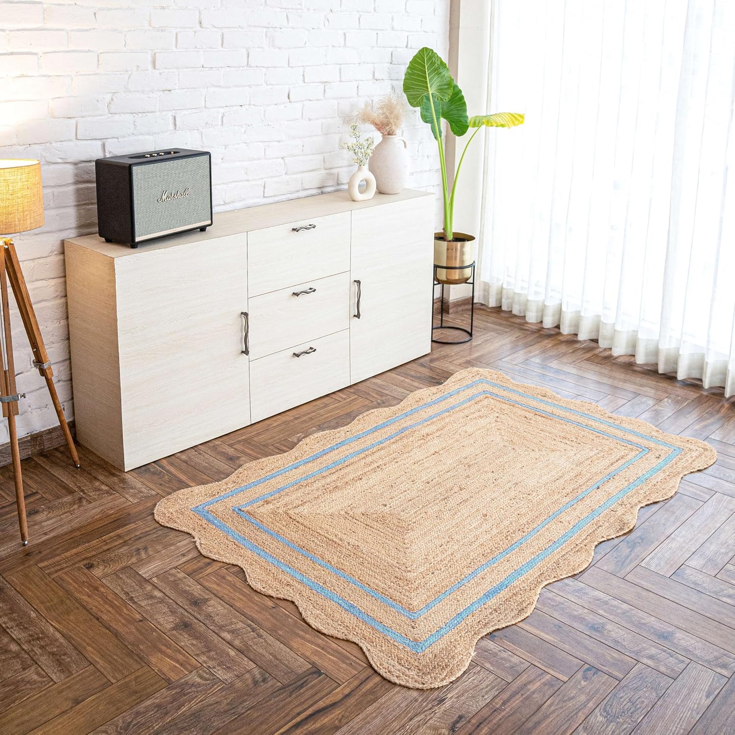 WEAVER'S LOOM Wave Scalloped Area Rug - 8' x 10' Natural, Handmade Flat Weave Jute Carpet, Ideal for High Traffic Areas in Living Room, Bedroom- Teal Blue -8'x10' ft. Jute Area Rug-Home Decor Accent
