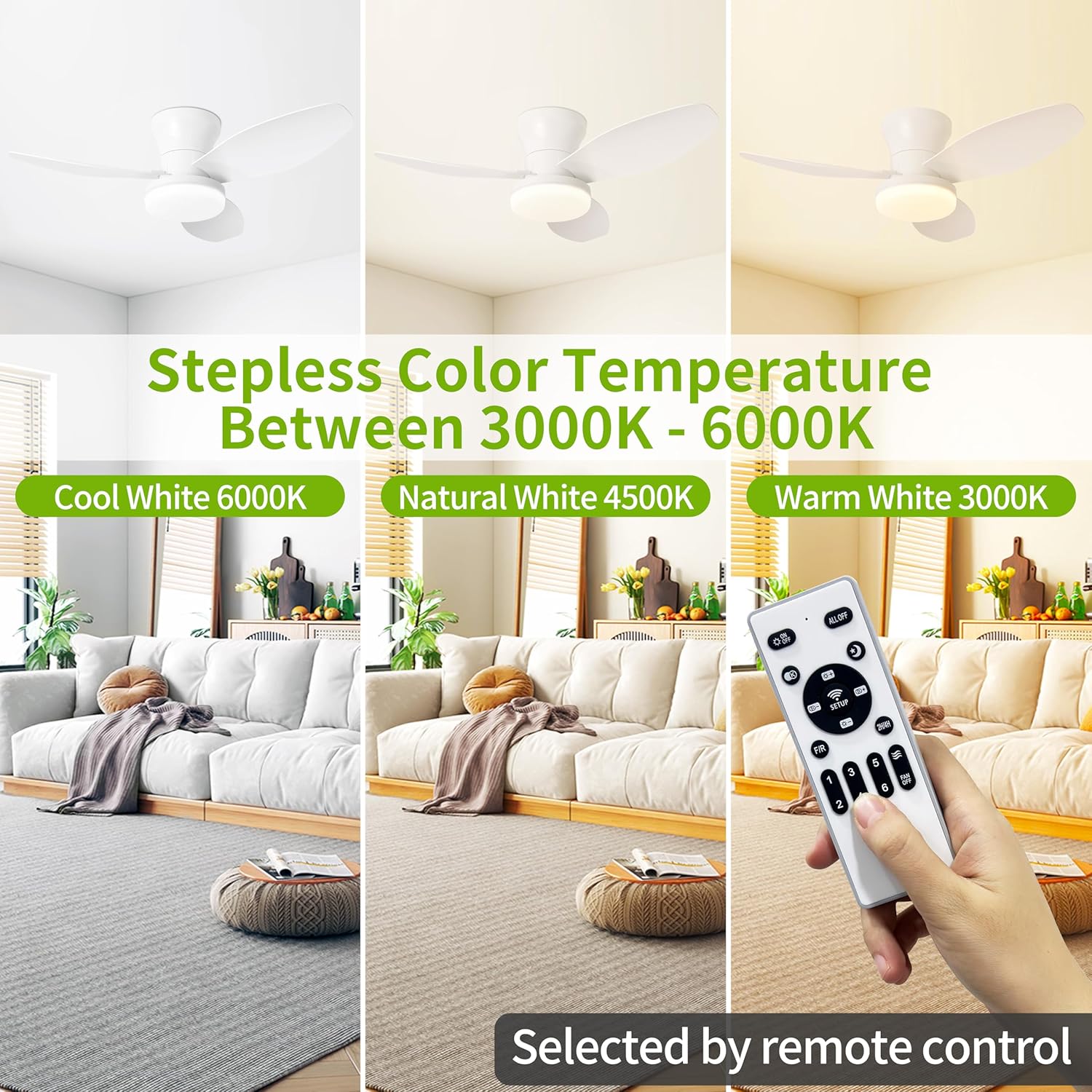 Small Ceiling Fan with Light Flush Mount White Fan Lights with Remote Control Dimmable Led Ceiling Light Fixture 3 Fan Flaps for Kids Bedroom Living Room Garage Kitchen Modern 32 Inch