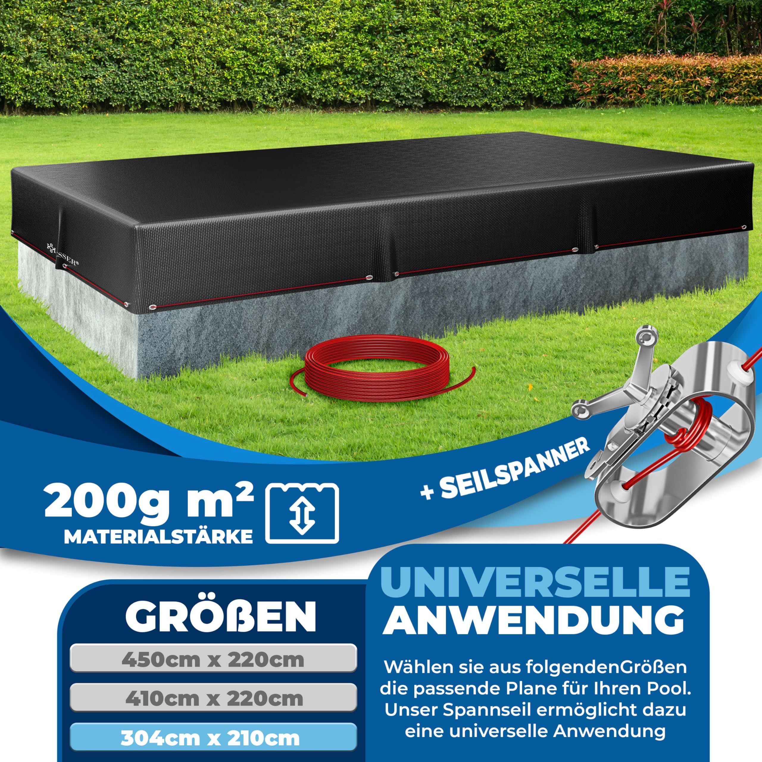 KESSER® Bâche de piscine solaire rectangulaire 304 x 210 cm 200 g/m² PE avec câble en acier + tendeur de câble avec œillets - Bâche solaire résistante aux UV et aux intempéries - Pour l'été et l'hiver
